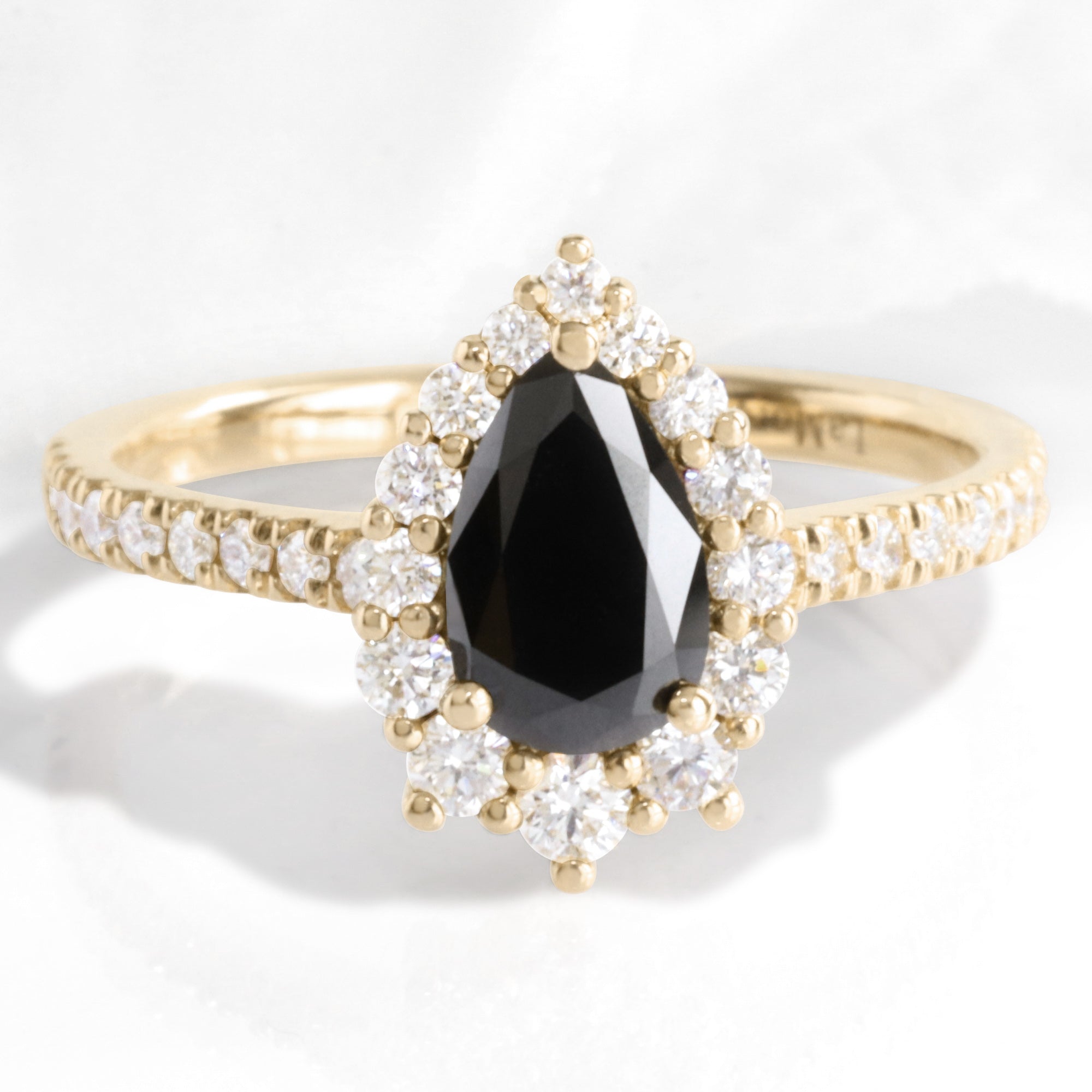 Pear black diamond engagement ring yellow gold black halo diamond ring la more design jewelry