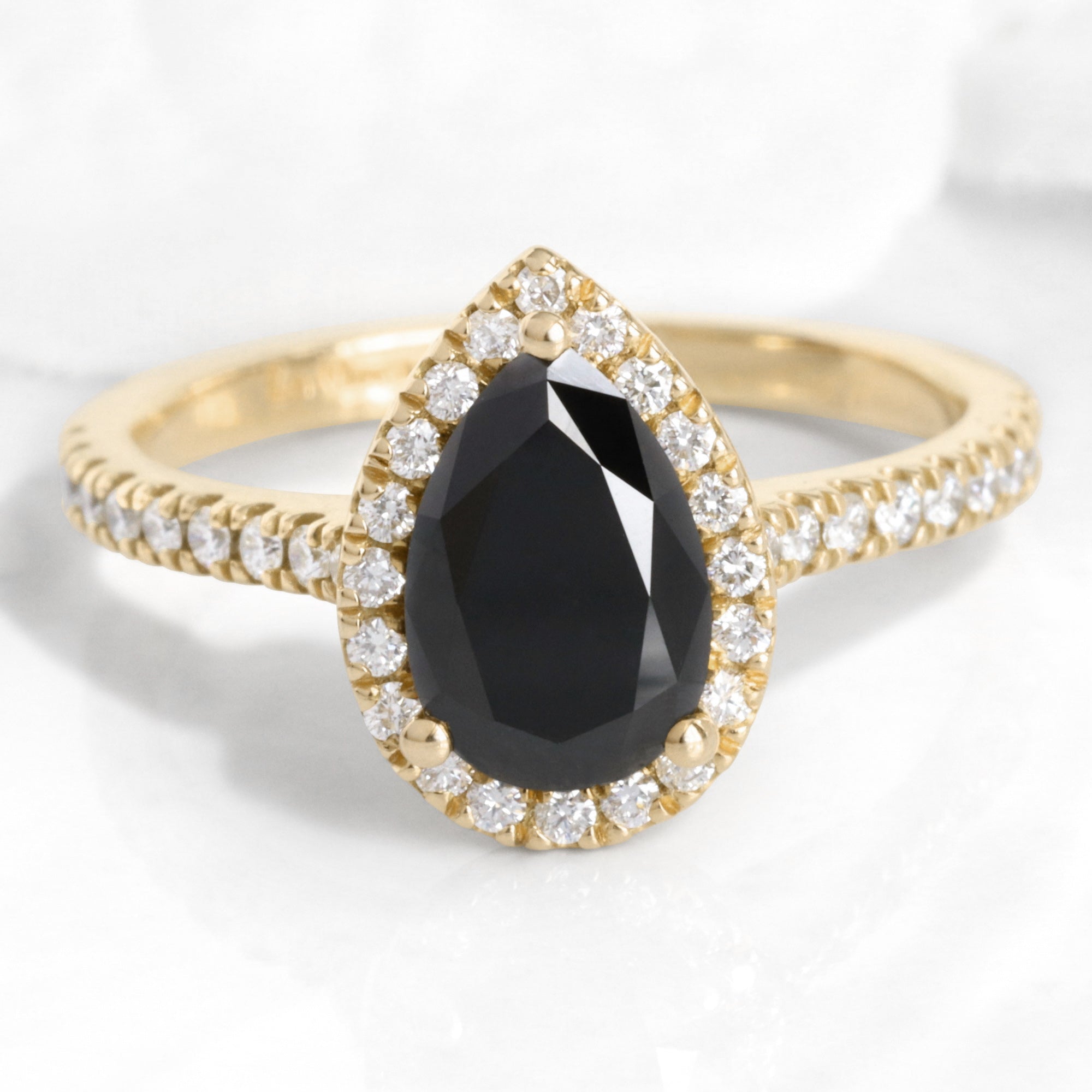 Pear black diamond engagement ring yellow gold black halo diamond ring la more design jewelry