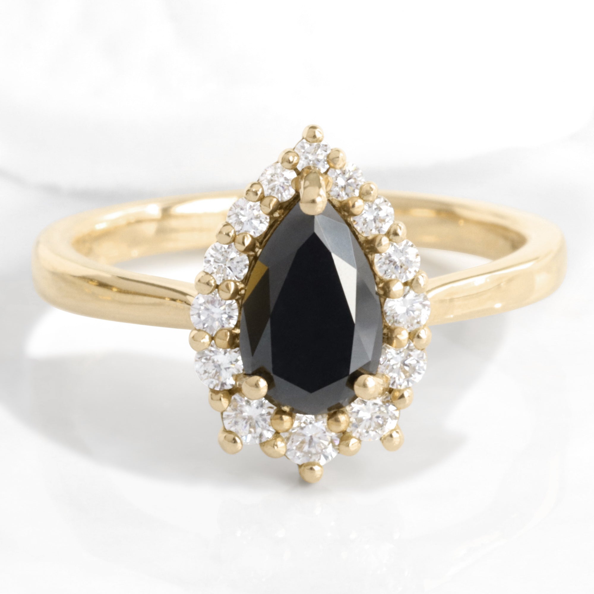 Pear black diamond engagement ring yellow gold black halo diamond ring la more design jewelry