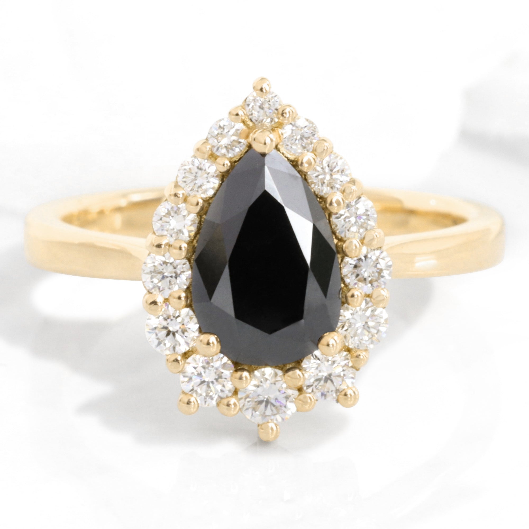 Pear black diamond engagement ring yellow gold halo diamond pear ring pear cluster la more design jewelry