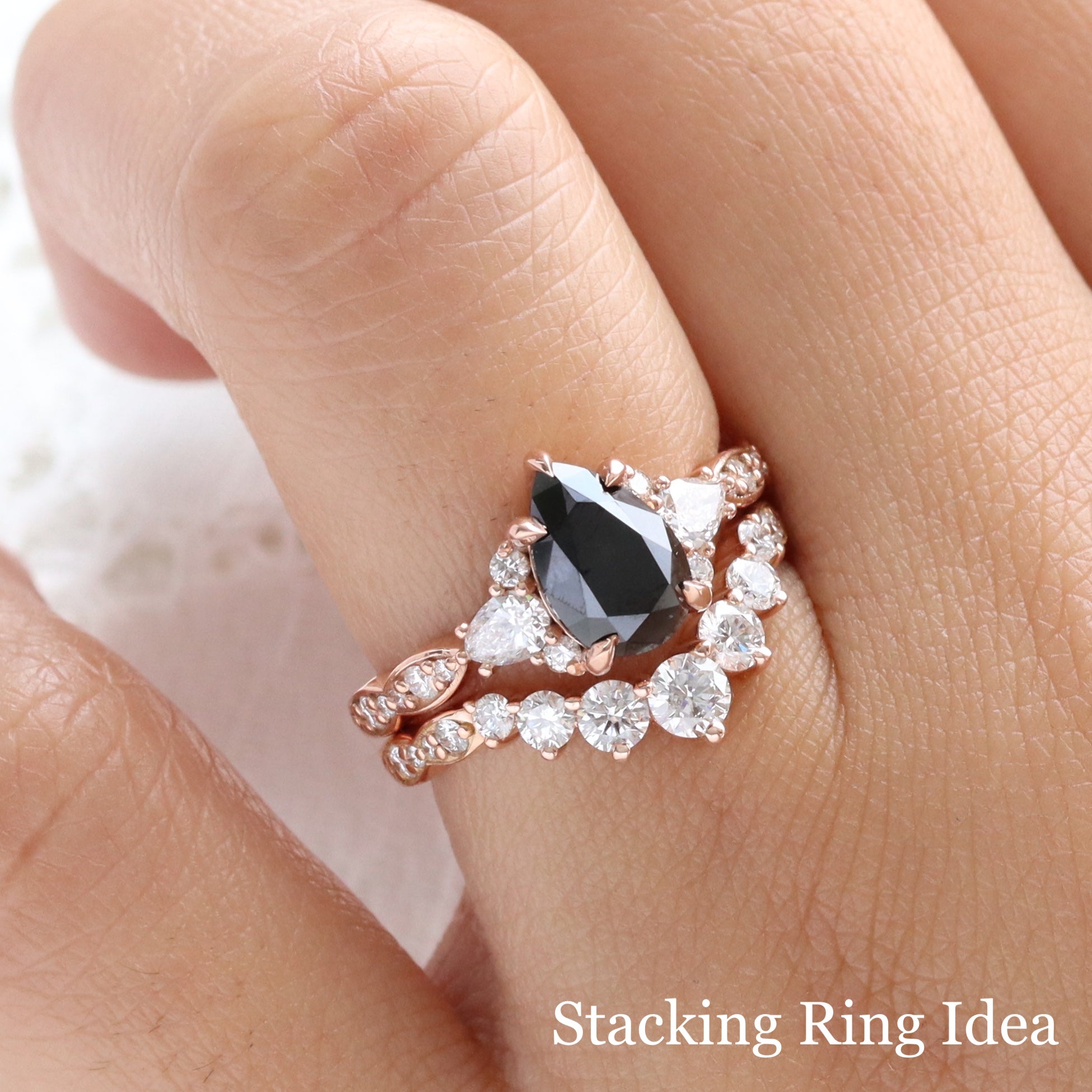 Pear black diamond ring bridal set rose gold 3 stone black diamond cluster ring stack la more design jewelry