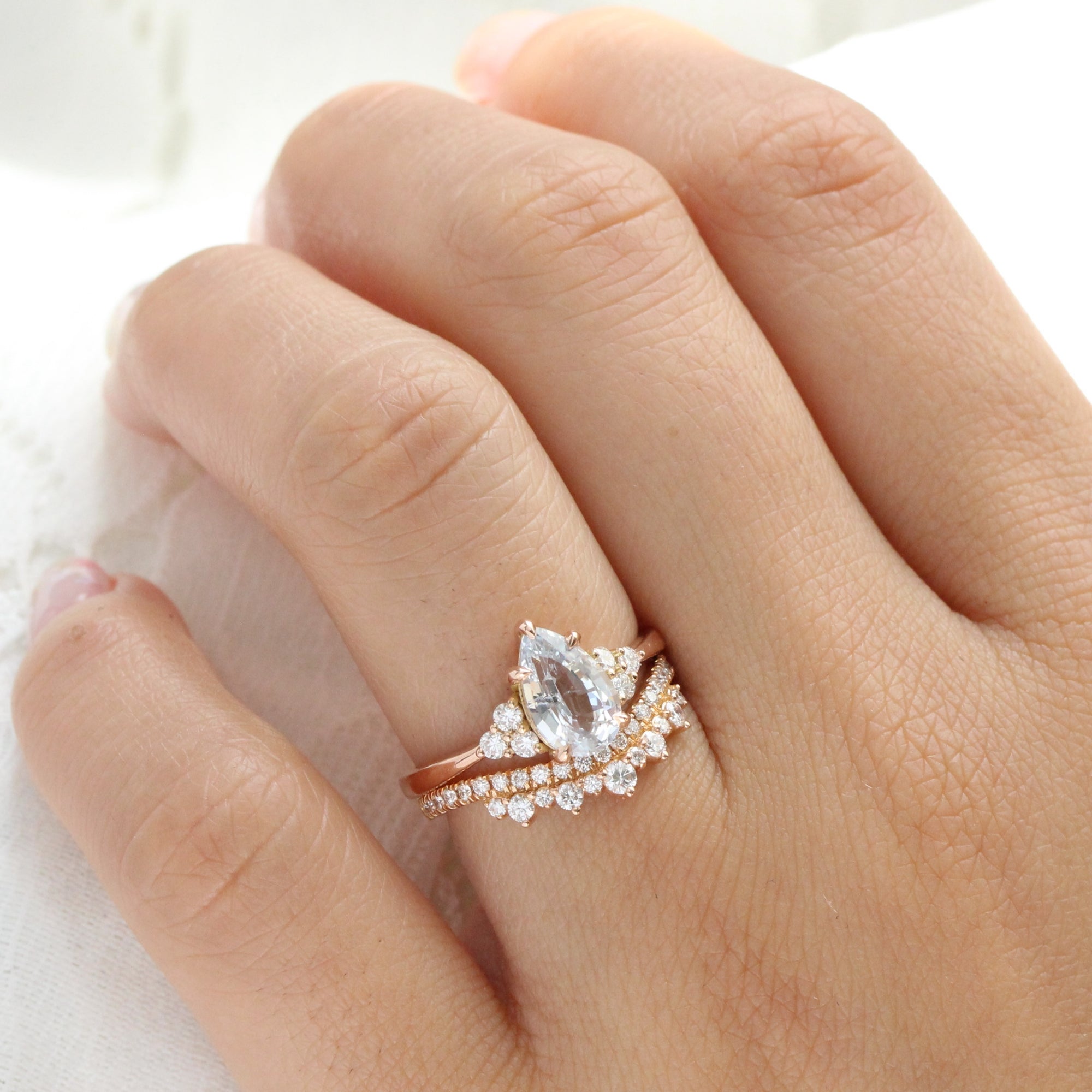 Pear cut white sapphire ring rose gold 3 stone diamond ring la more design jewelry