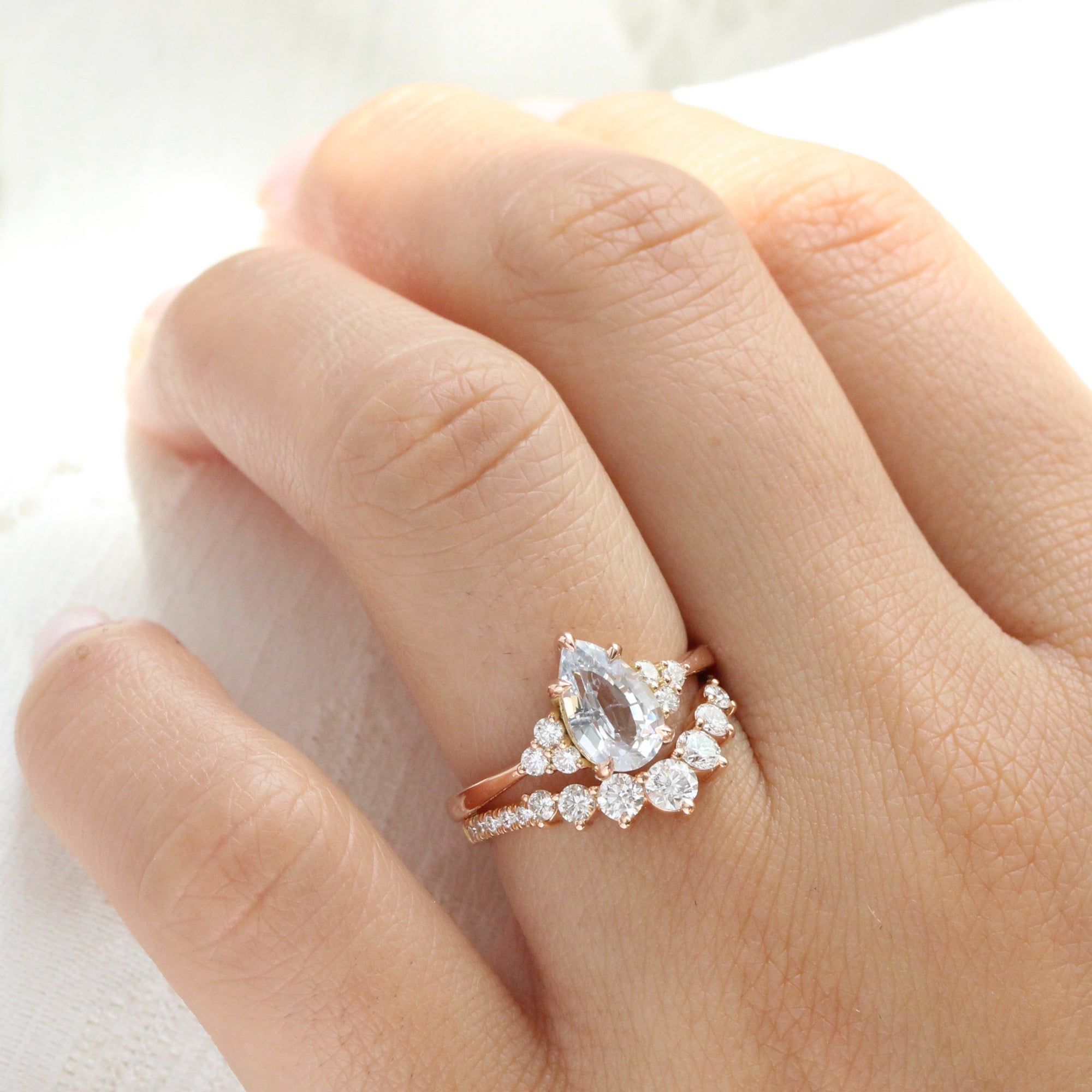 Pear cut white sapphire ring rose gold 3 stone diamond ring la more design jewelry