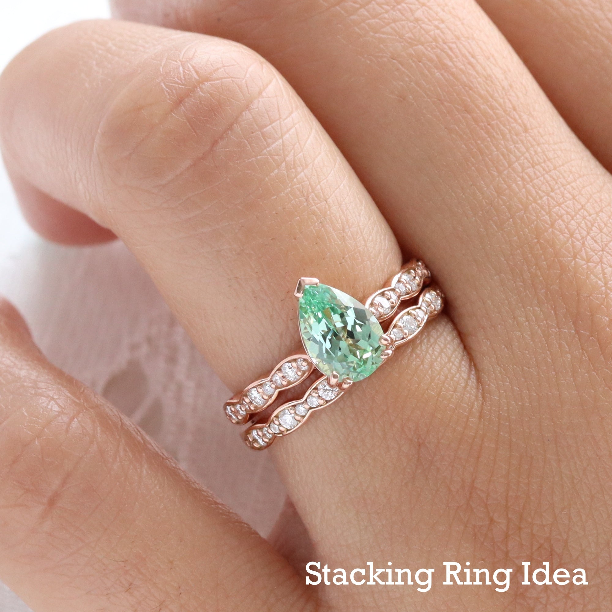 Green sapphire solitaire ring bridal set rose gold pear sapphire diamond engagement ring stack la more design jewelry