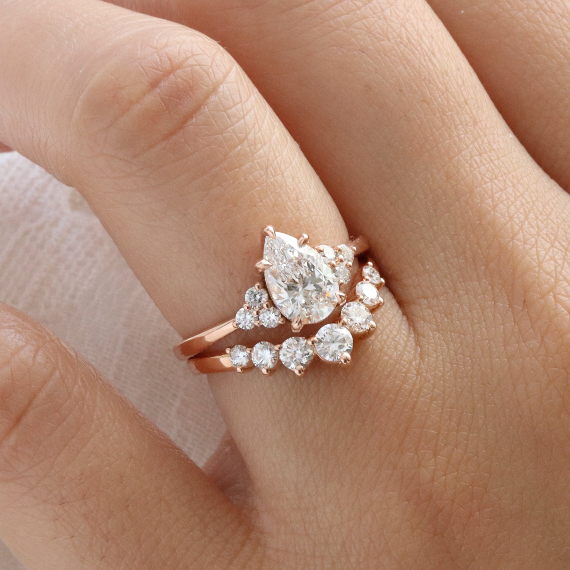 Pear lab diamond 3 stone ring bridal set rose gold V shaped diamond wedding band la more design jewelry