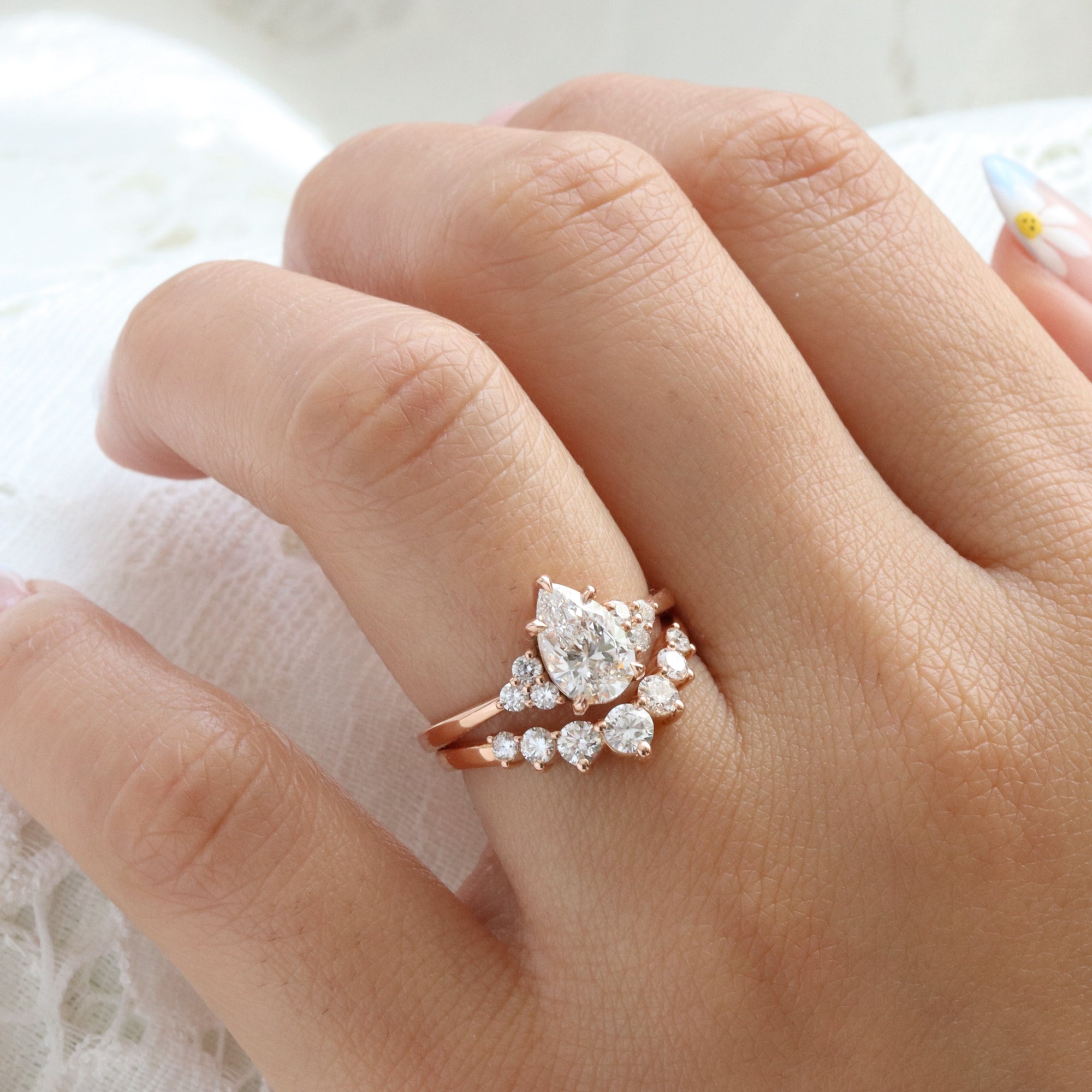 Pear lab diamond 3 stone engagement ring bridal set rose gold contour diamond wedding band la more design jewelry