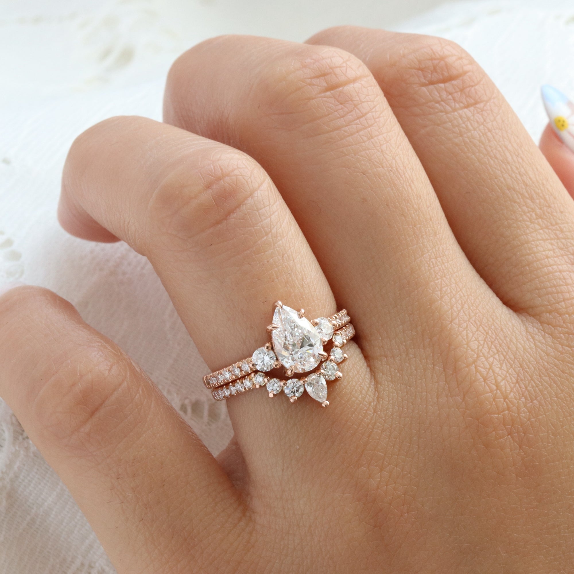 Pear lab diamond 3 stone ring bridal set rose gold U shaped diamond wedding band la more design jewelry