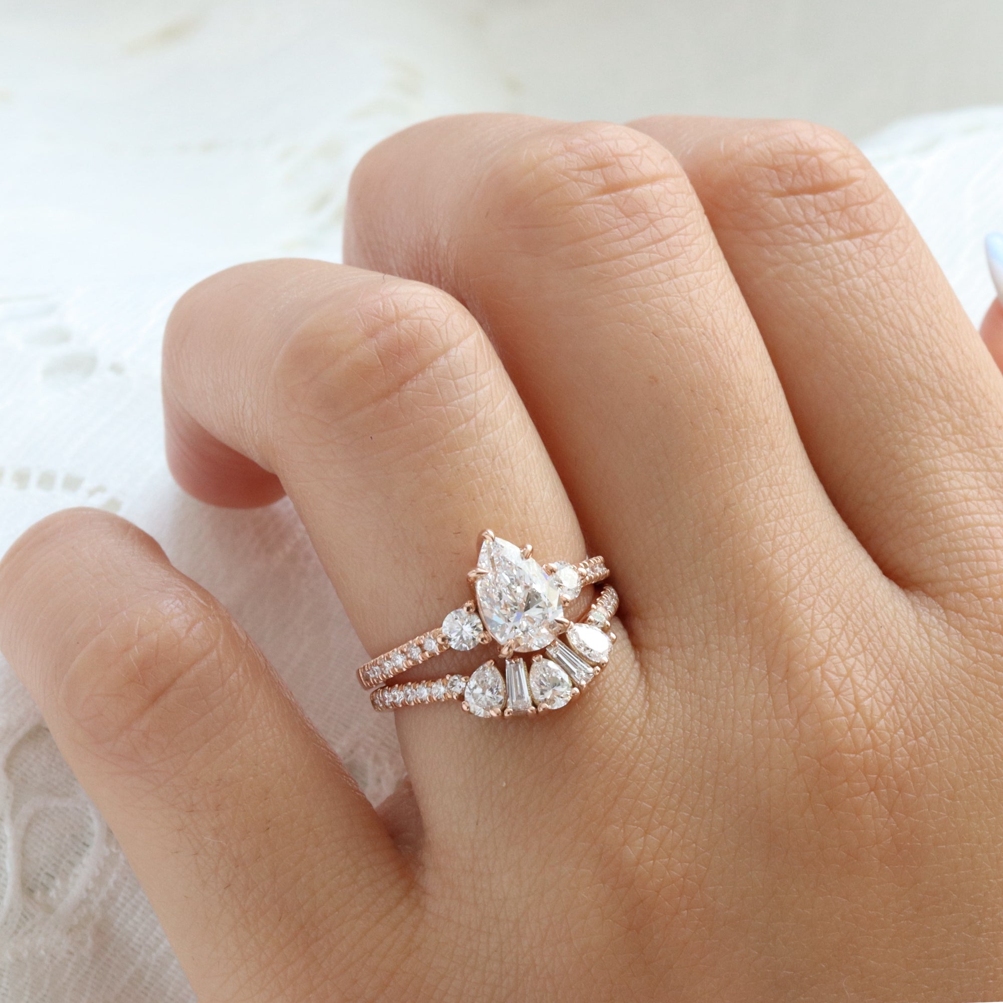 Pear lab diamond 3 stone ring bridal set rose gold art deco diamond wedding band la more design jewelry