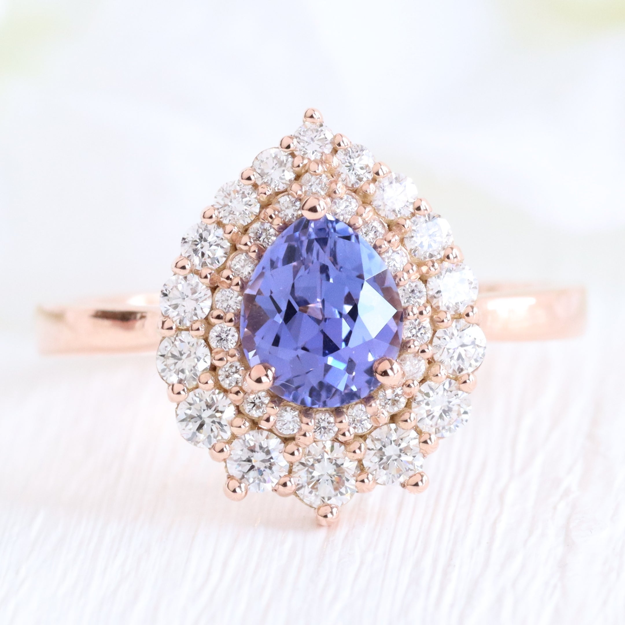 Pear lavender purple sapphire ring rose gold double halo diamond engagement ring la more design jewelry