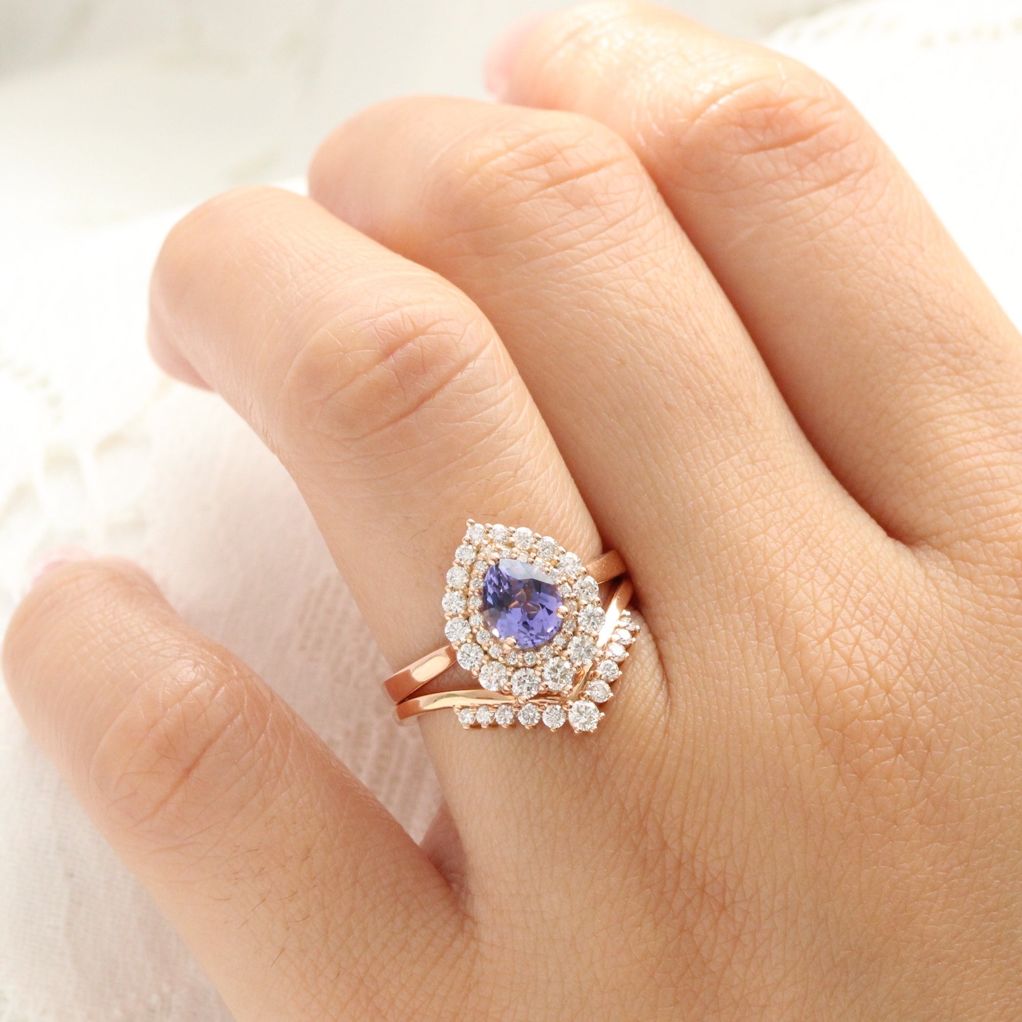 Pear lavender purple sapphire ring rose gold double halo diamond engagement ring la more design jewelry