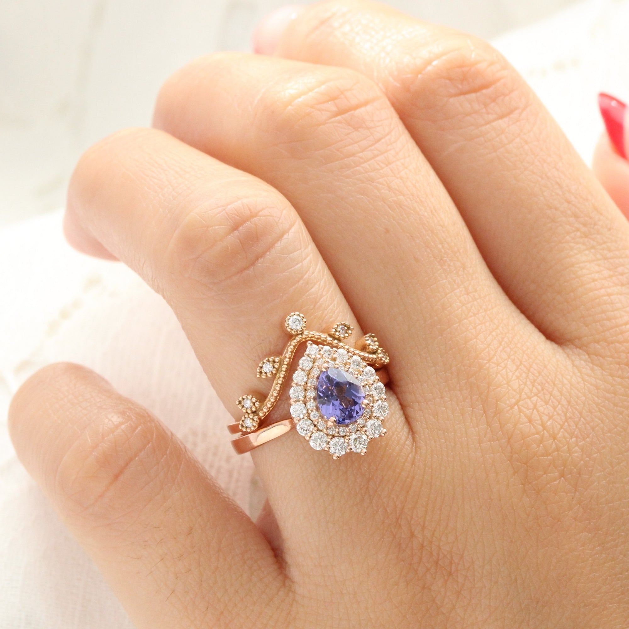 Pear lavender purple sapphire ring rose gold double halo diamond engagement ring la more design jewelry