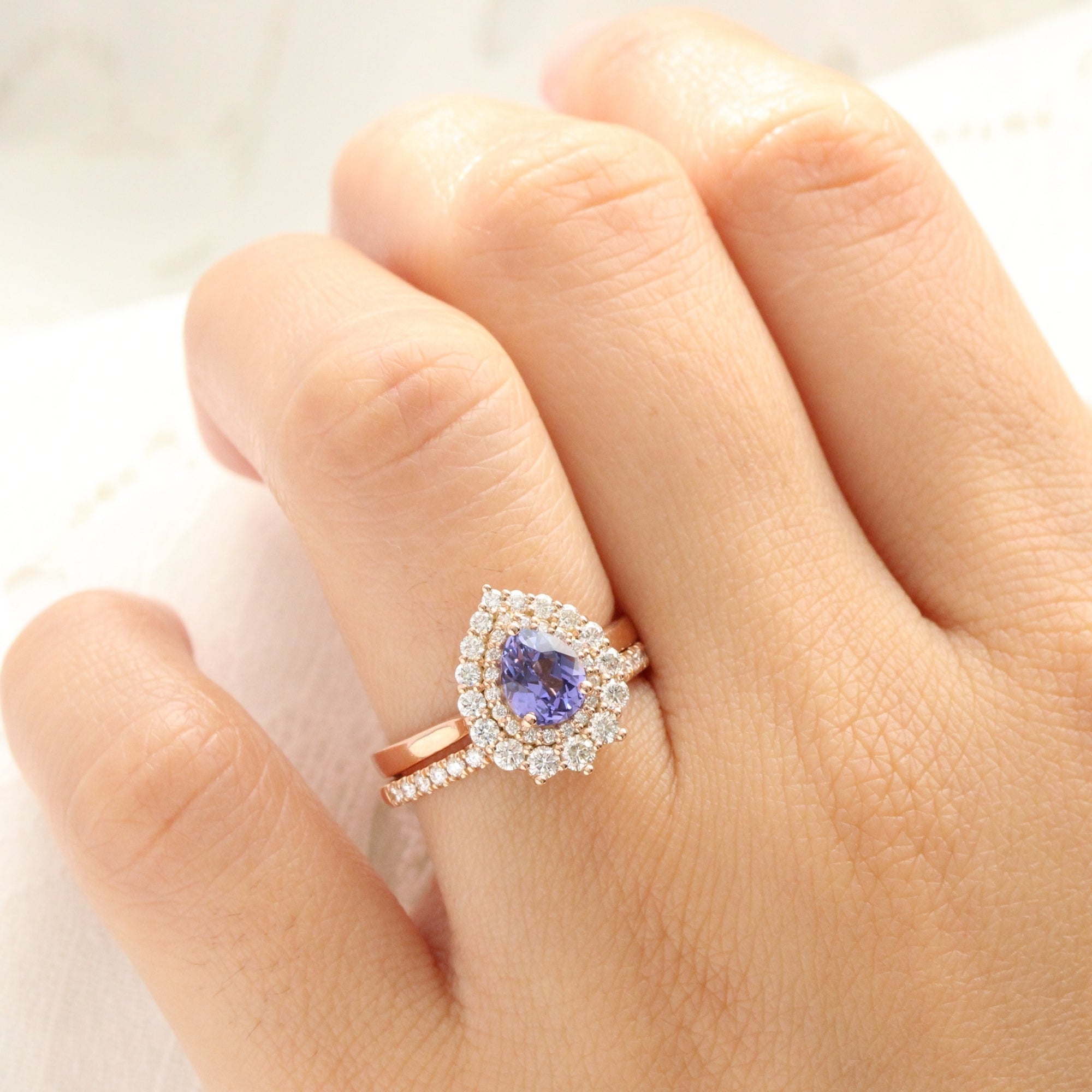 Pear lavender purple sapphire ring rose gold double halo diamond engagement ring la more design jewelry