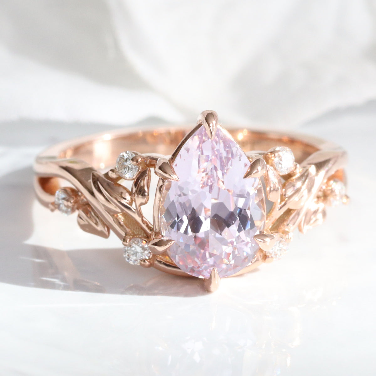 Pear lavender sapphire ring rose gold floral leaf diamond sapphire solitaire ring la more design jewelry