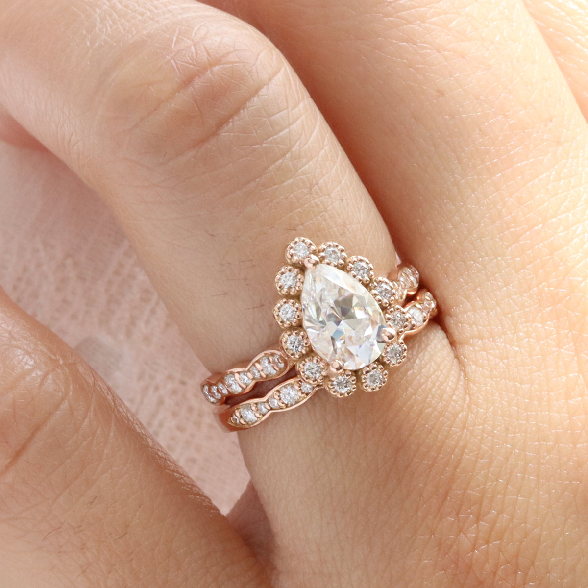 Pear moissanite engagement ring bridal set rose gold vintage halo diamond moissanite ring stack la more design jewelry