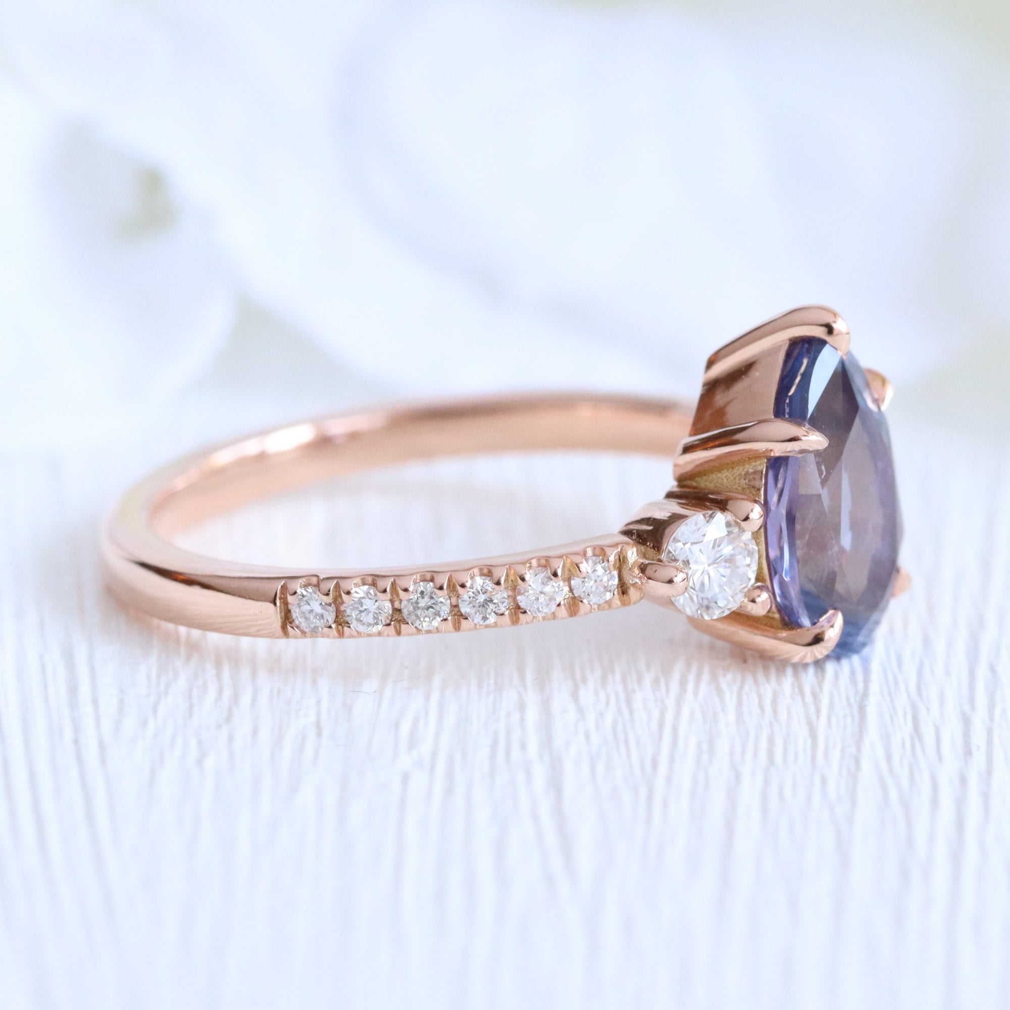 Pear purple sapphire ring rose gold 3 stone diamond ring la more design jewelry