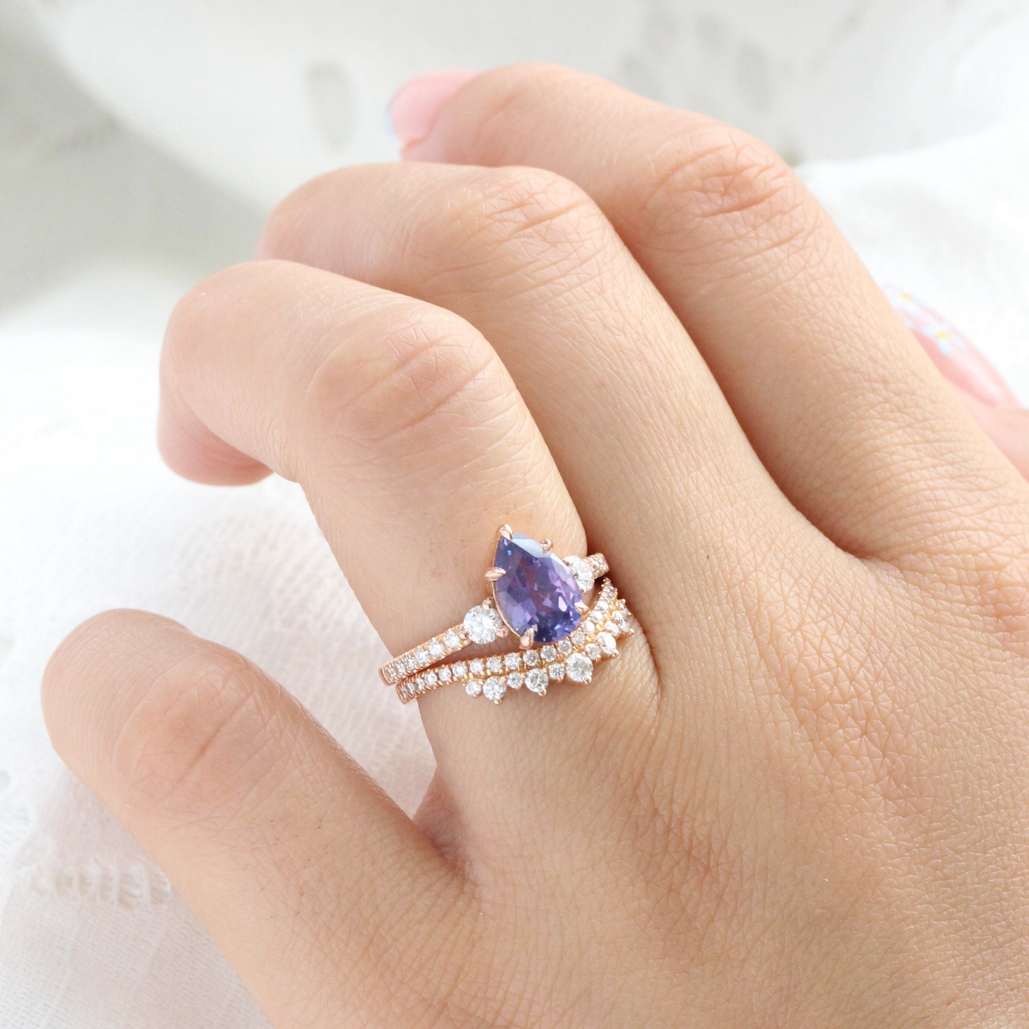 Pear purple sapphire ring rose gold 3 stone diamond ring la more design jewelry