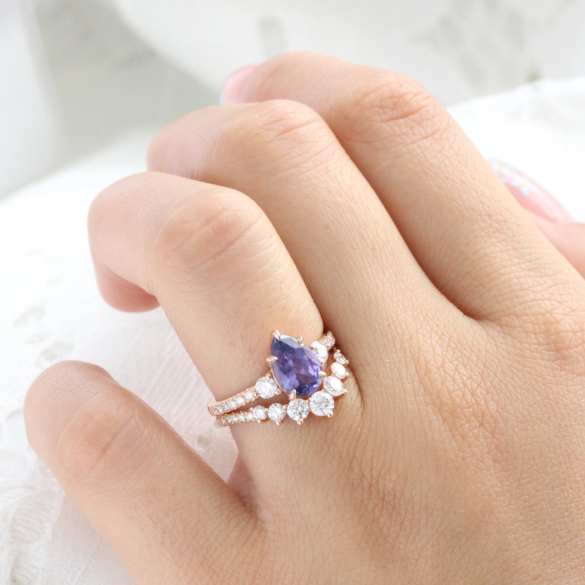 Pear purple sapphire ring rose gold 3 stone diamond ring la more design jewelry