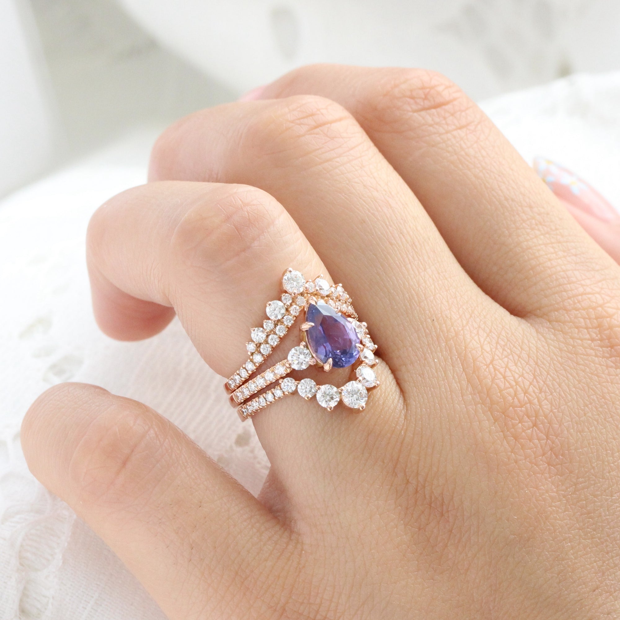 Pear purple sapphire ring rose gold 3 stone diamond ring la more design jewelry