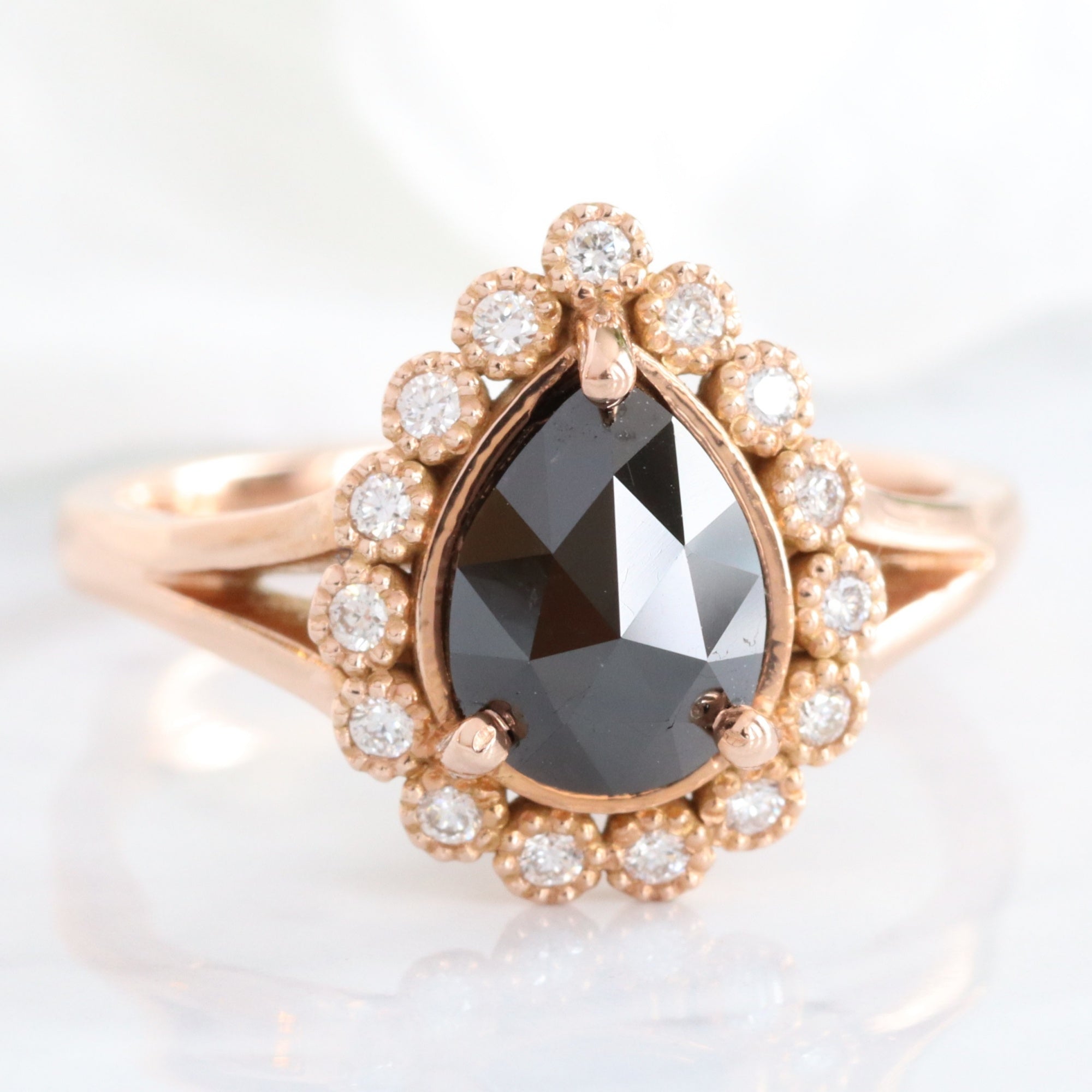 Pear rose cut black diamond engagement ring in rose gold halo diamond band by la more design jewelry