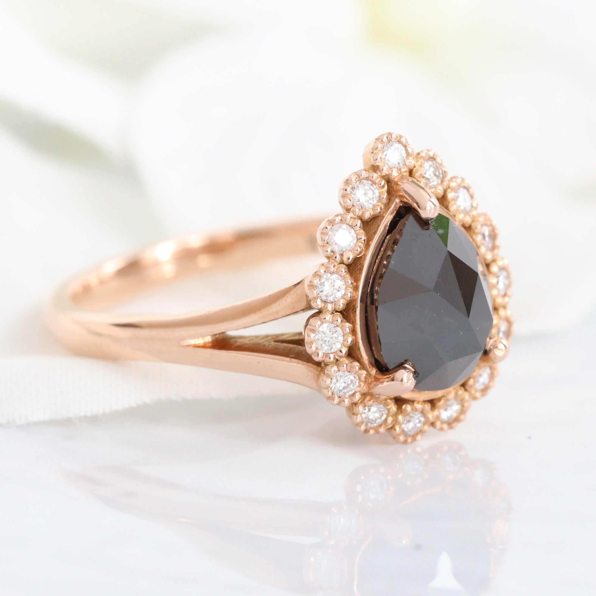 Pear rose cut black diamond engagement ring in rose gold halo diamond band by la more design jewelry