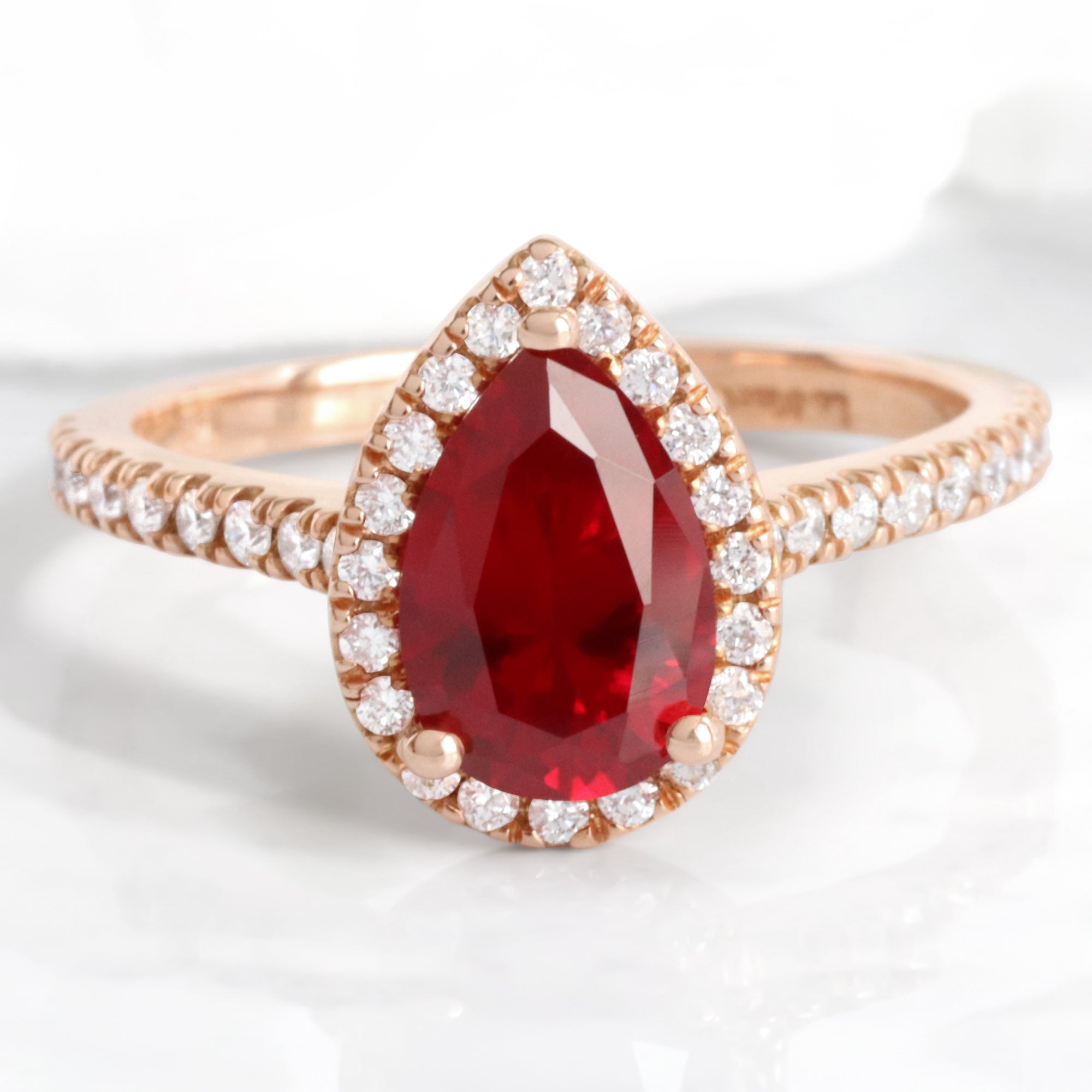 Pear ruby engagement ring rose gold ruby halo diamond ring la more design jewelry