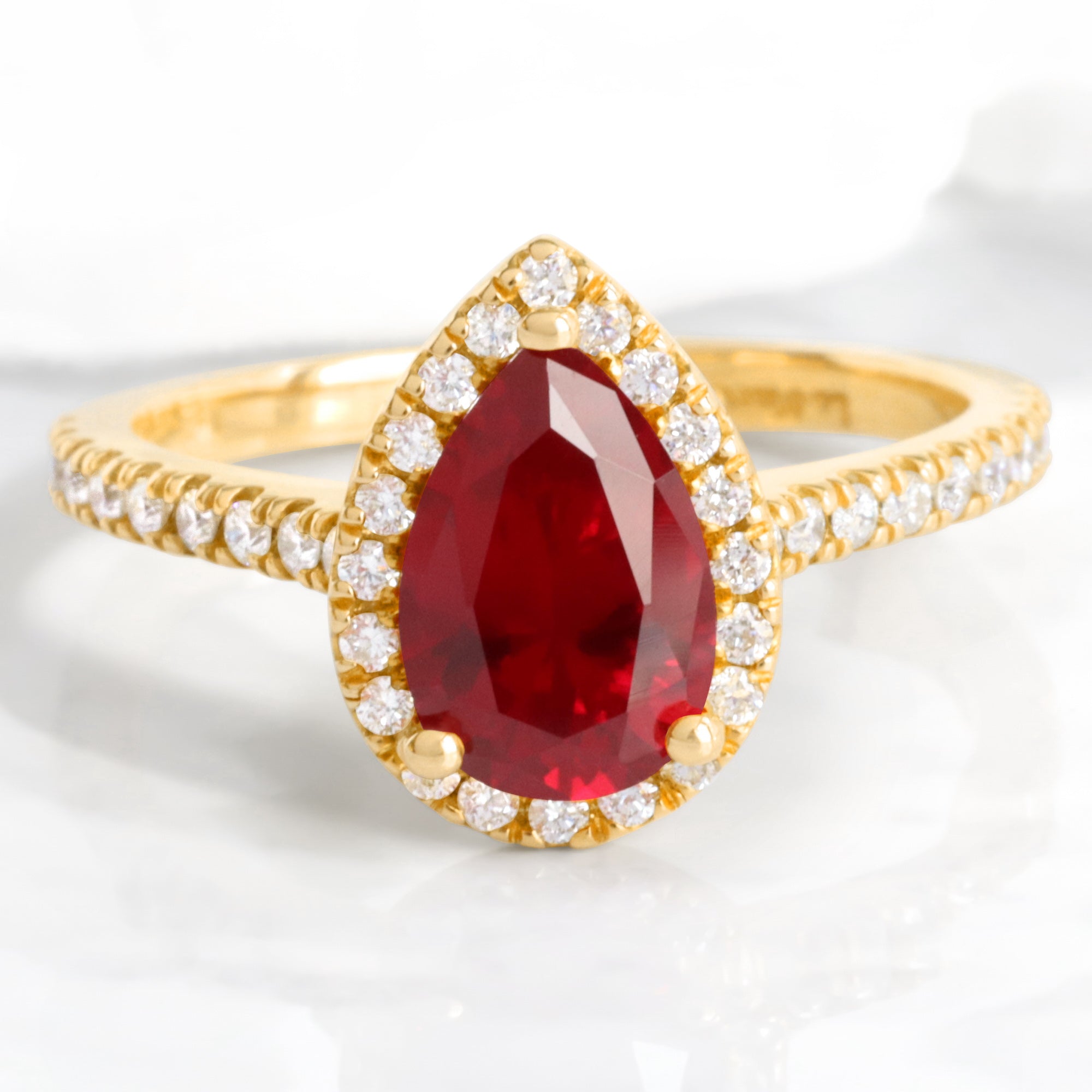 Pear ruby engagement ring yellow gold ruby halo diamond ring la more design jewelry