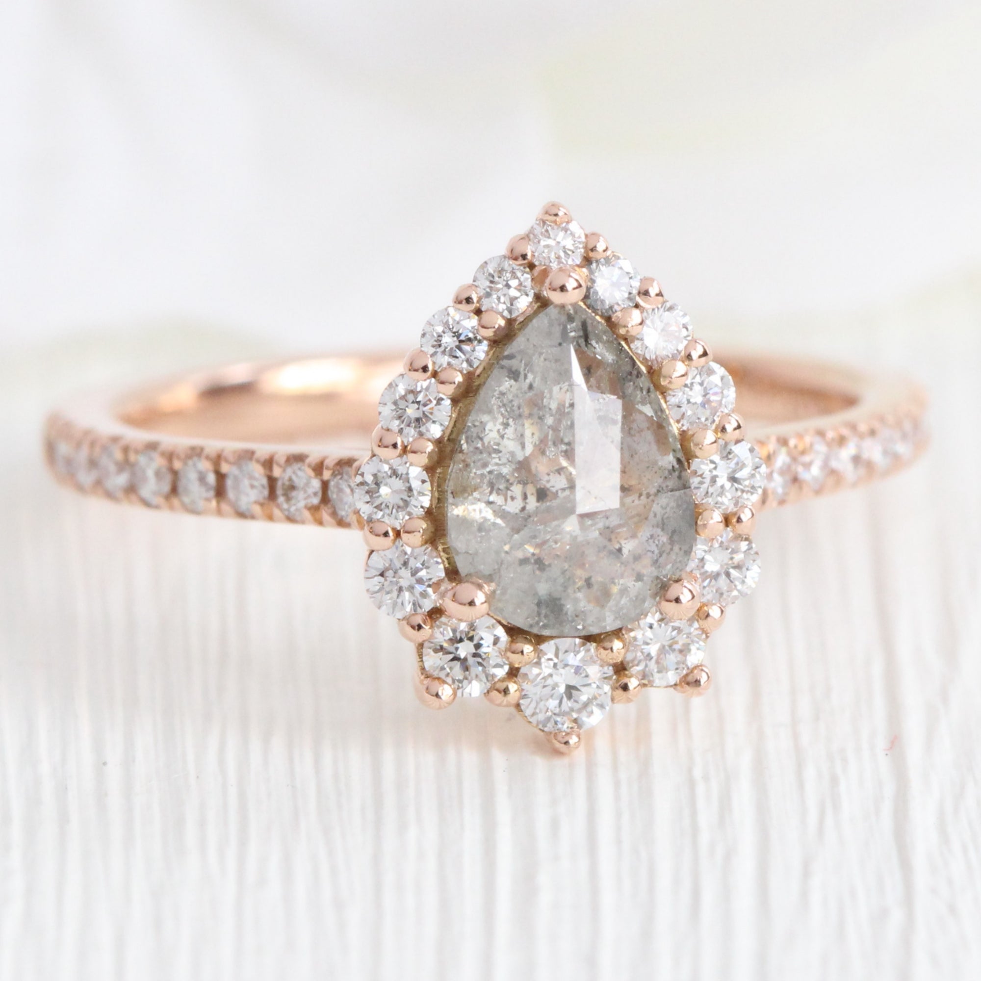 Pear salt and pepper diamond ring rose gold grey diamond halo ring la more design jewelry