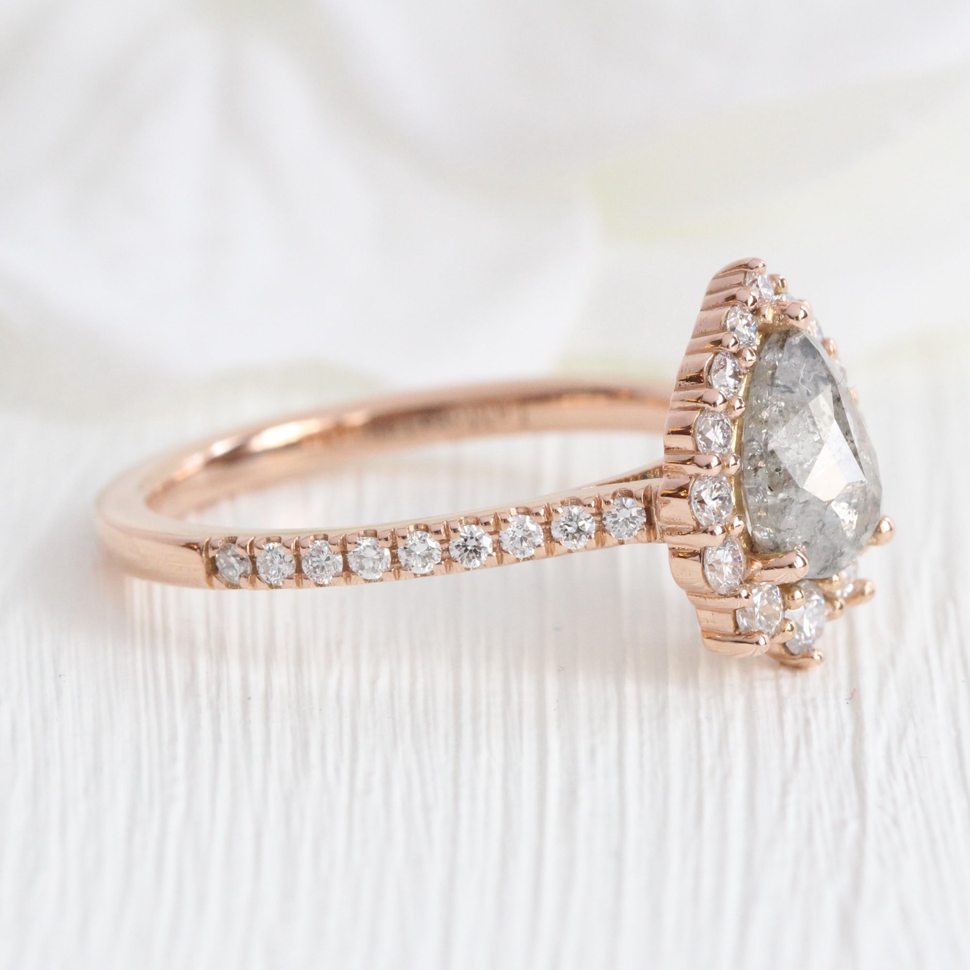 Pear salt and pepper diamond ring rose gold grey diamond halo ring la more design jewelry