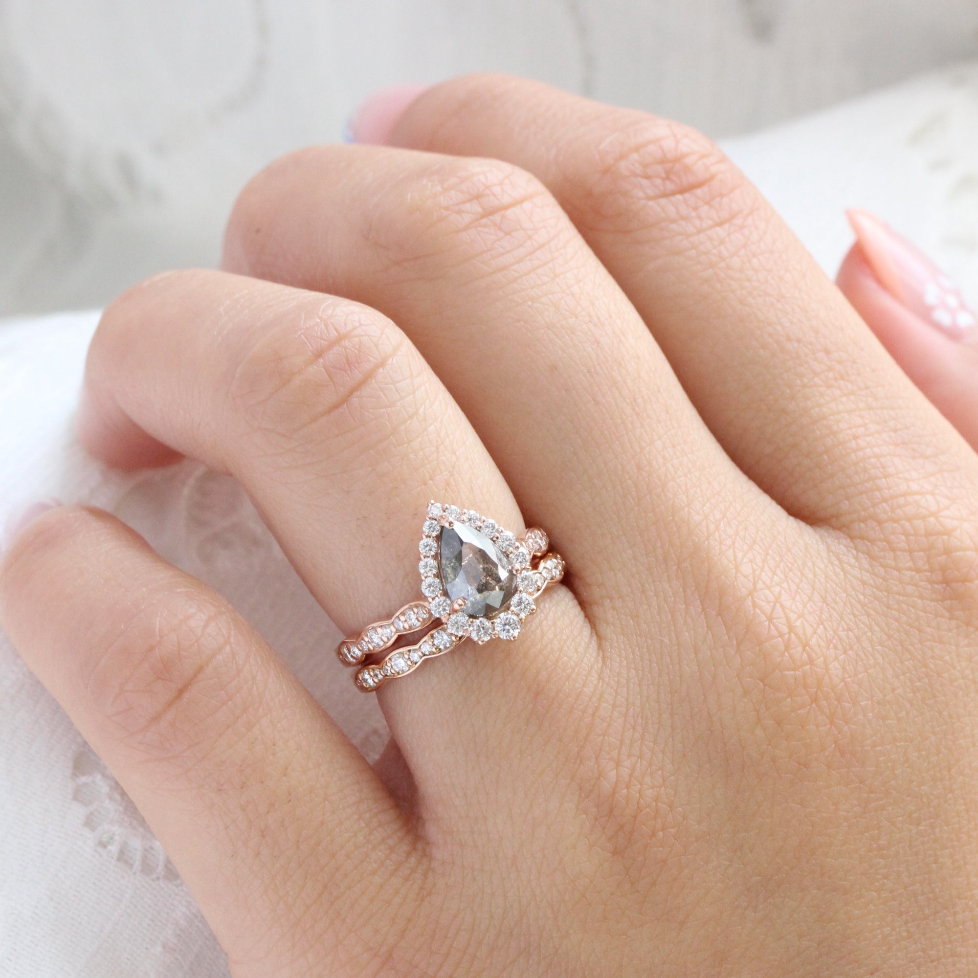 Pear salt and pepper diamond ring rose gold grey diamond halo ring la more design jewelry