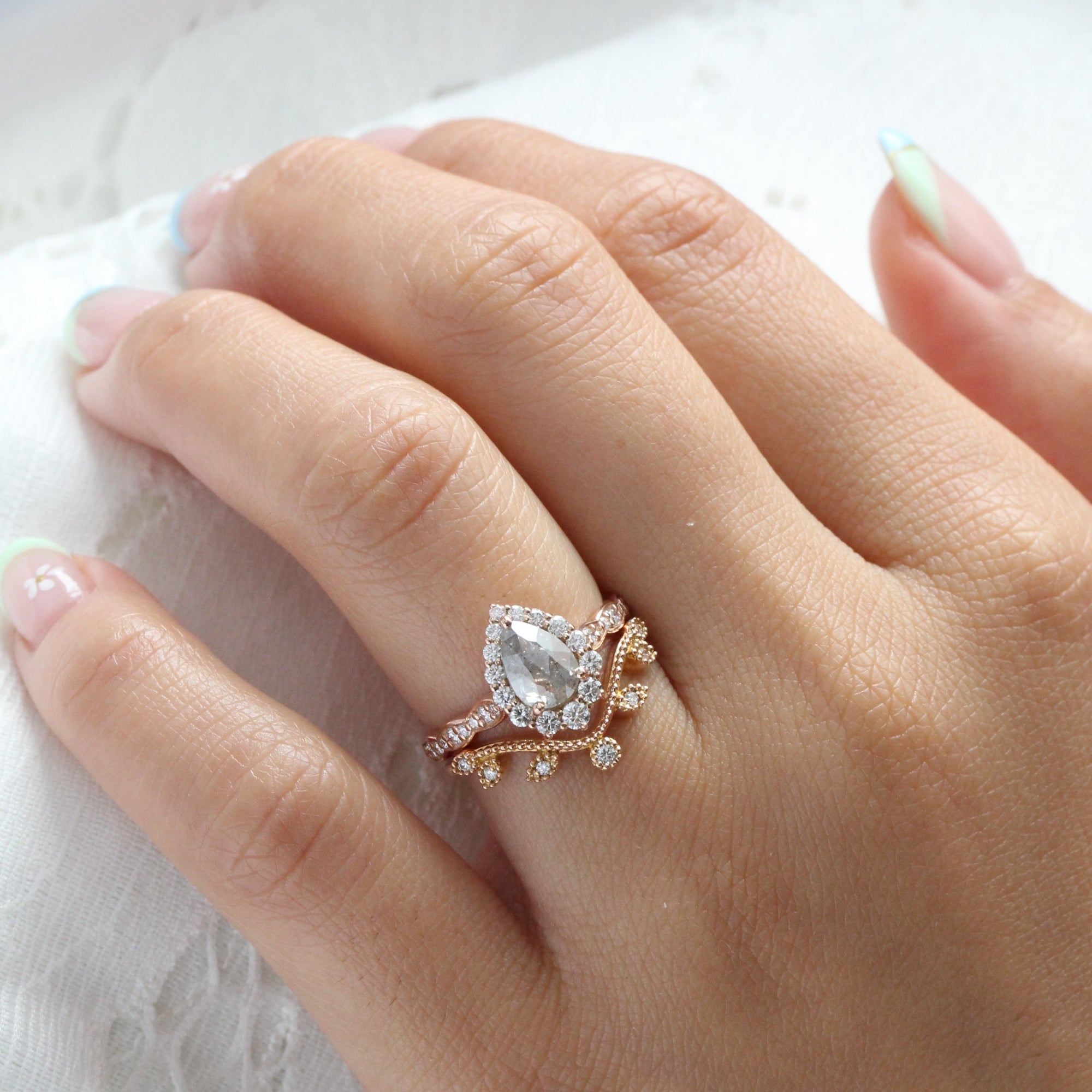 Pear salt and pepper diamond ring rose gold grey diamond halo ring la more design jewelry