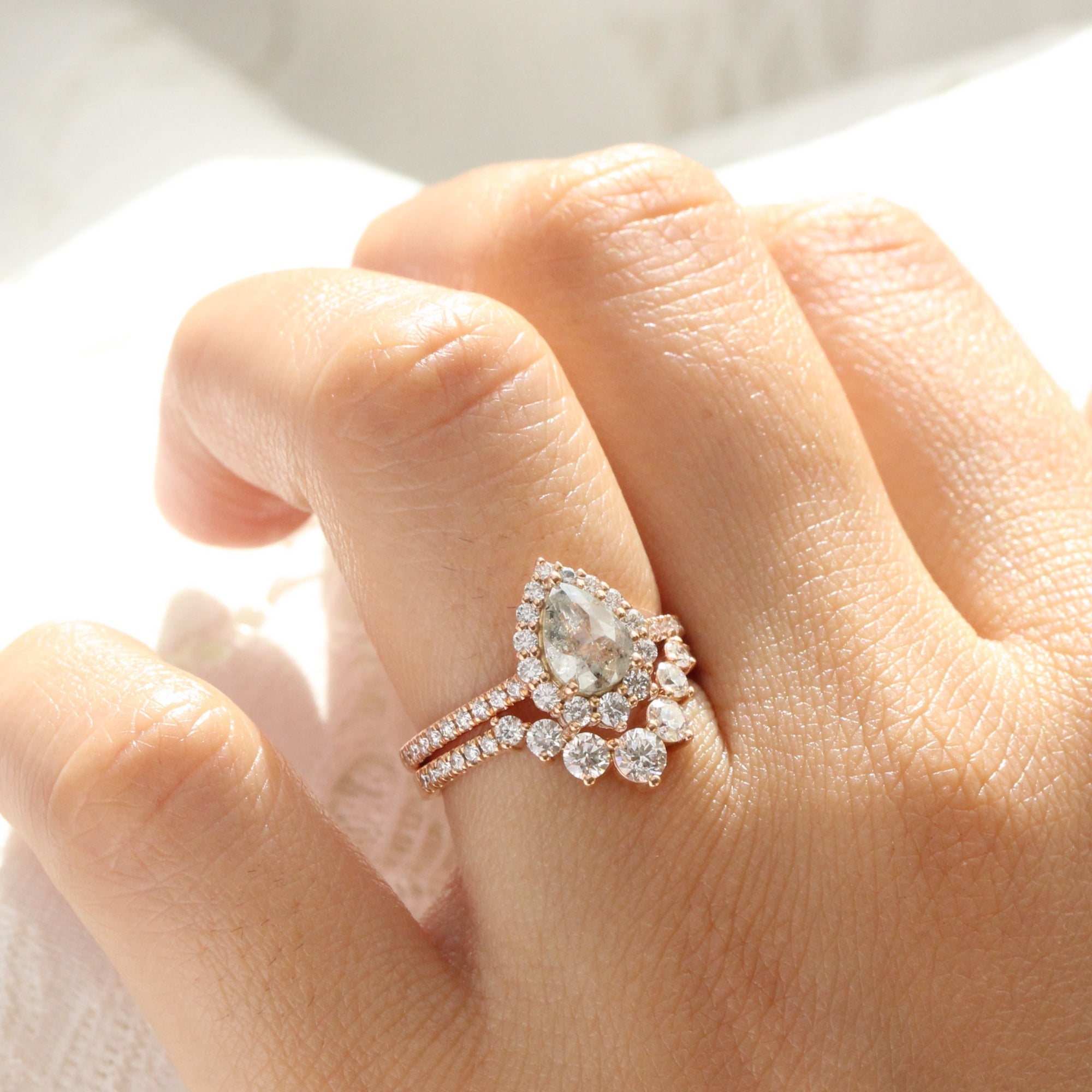 Pear salt and pepper diamond ring rose gold grey diamond halo ring la more design jewelry