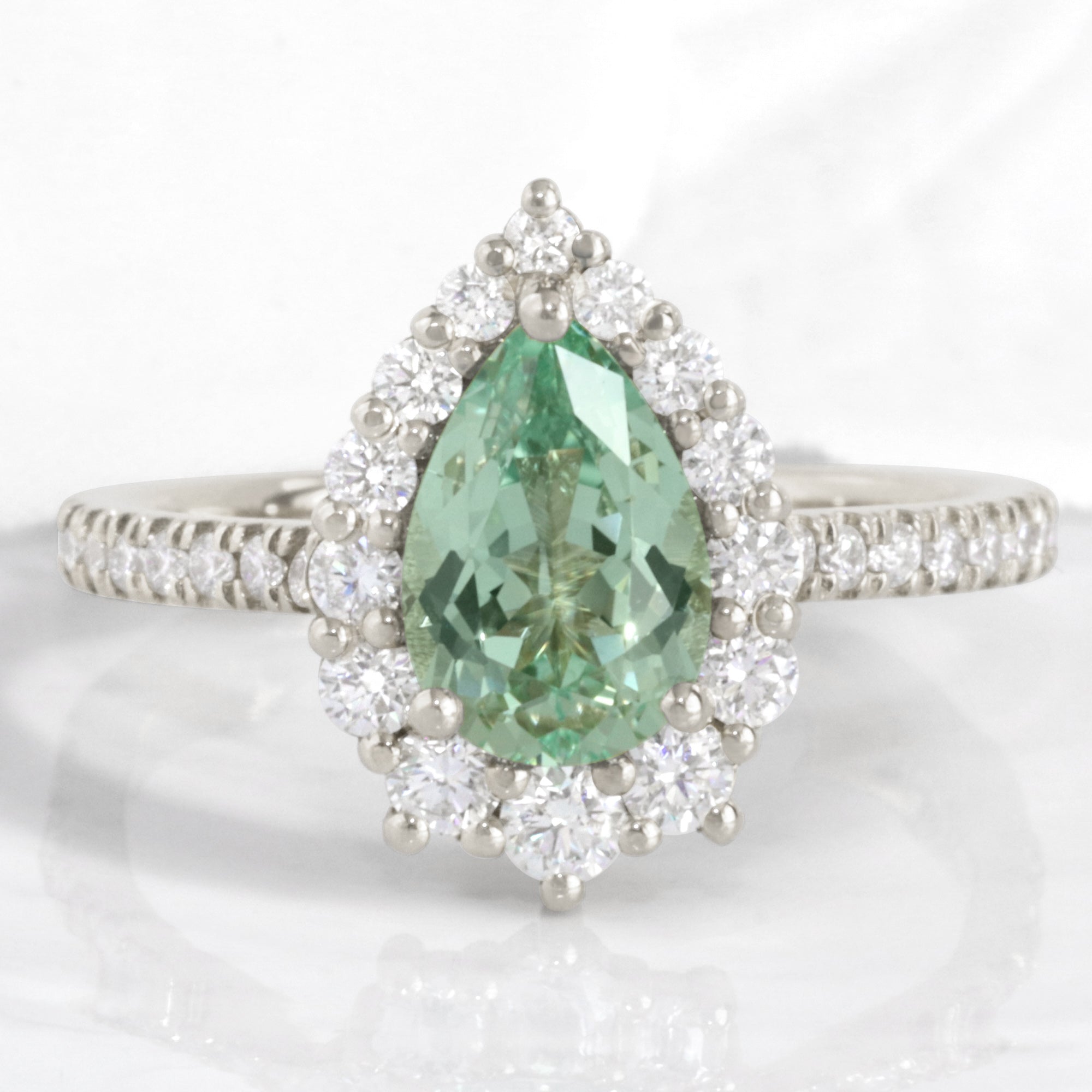 Pear green sapphire engagement ring white gold halo diamond sapphire ring la more design 