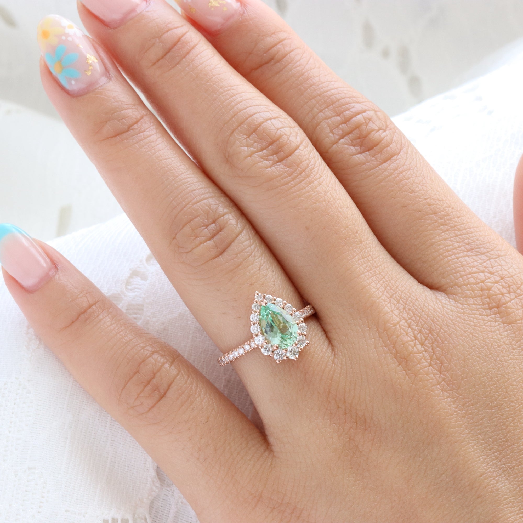 Pear seafoam green sapphire engagement ring rose gold halo diamond sapphire ring la more design jewelry