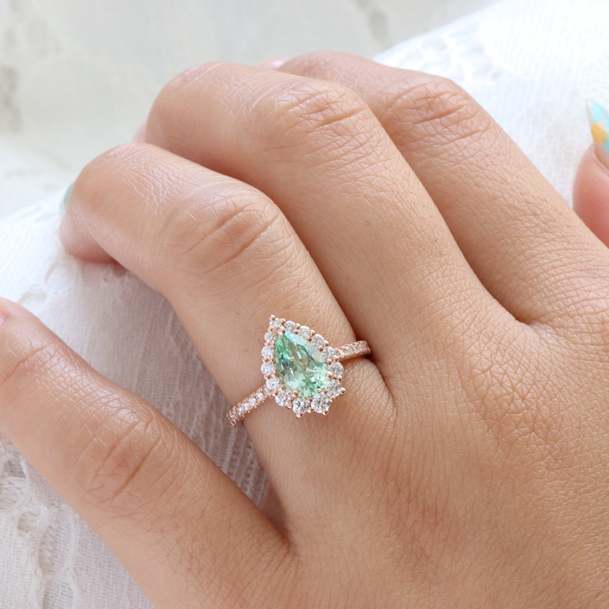 Pear seafoam green sapphire engagement ring rose gold halo diamond sapphire ring la more design jewelry