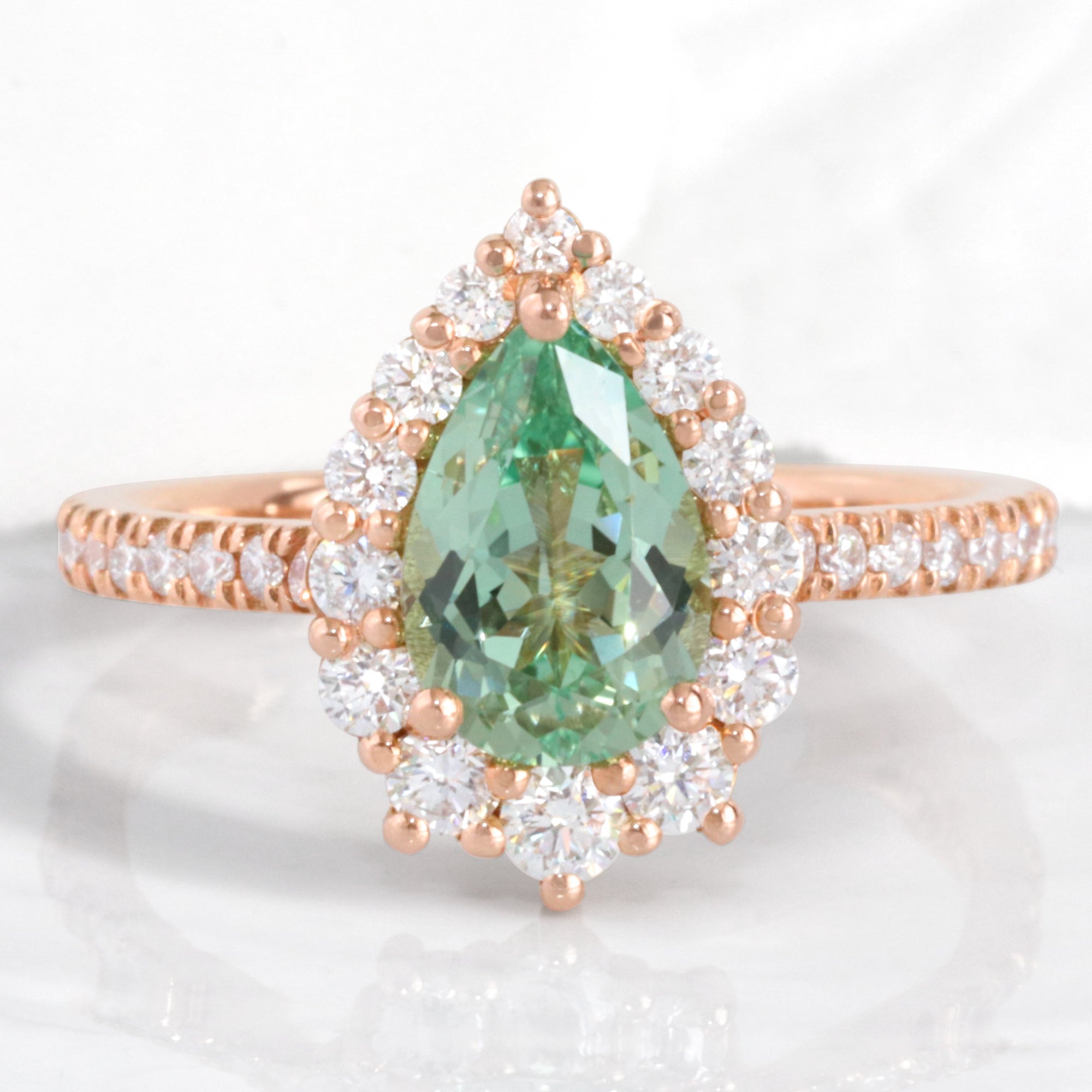 Pear green sapphire engagement ring rose gold halo diamond sapphire ring la more design jewelry