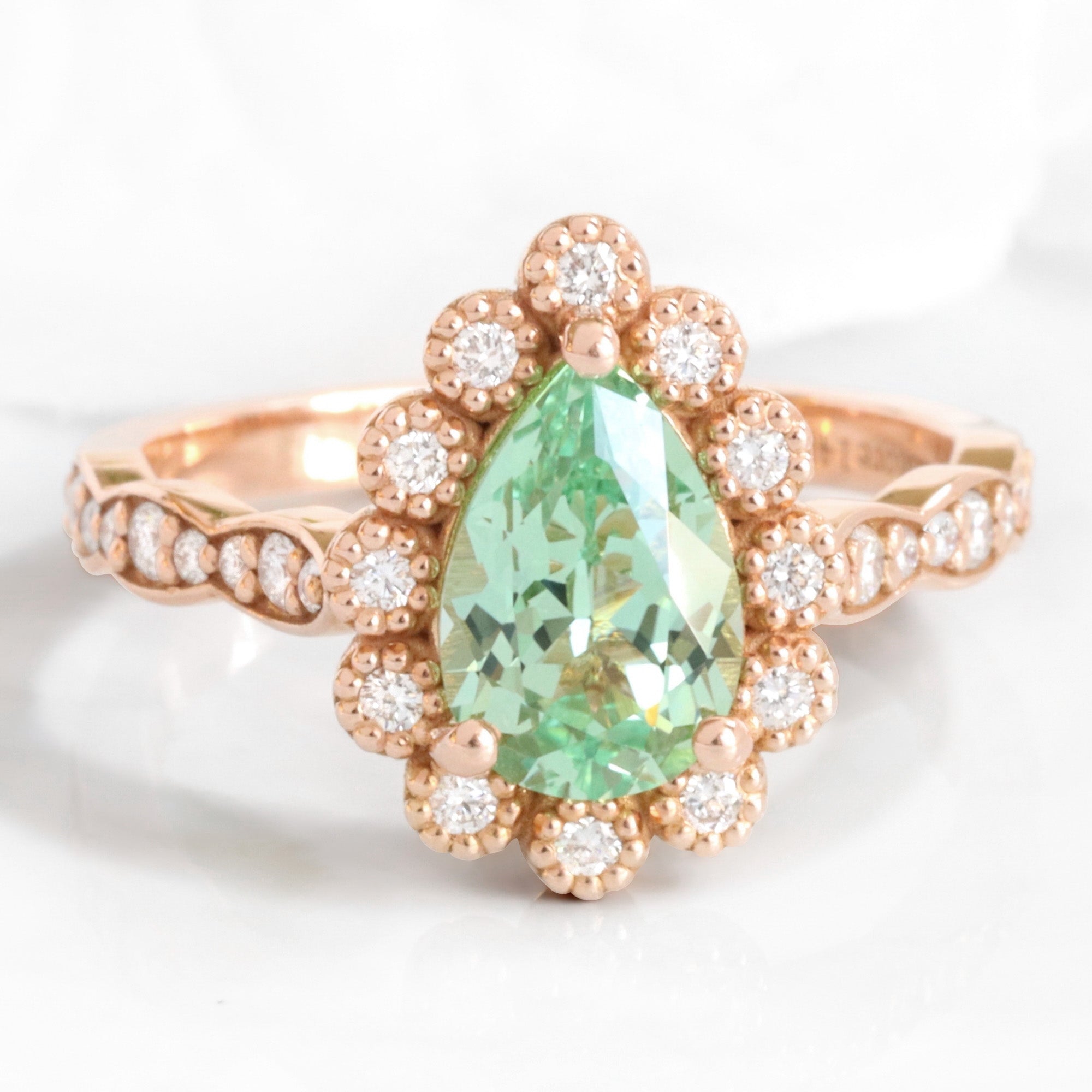 Pear seafoam green sapphire engagement ring rose gold vintage halo diamond sapphire ring la more design jewelry