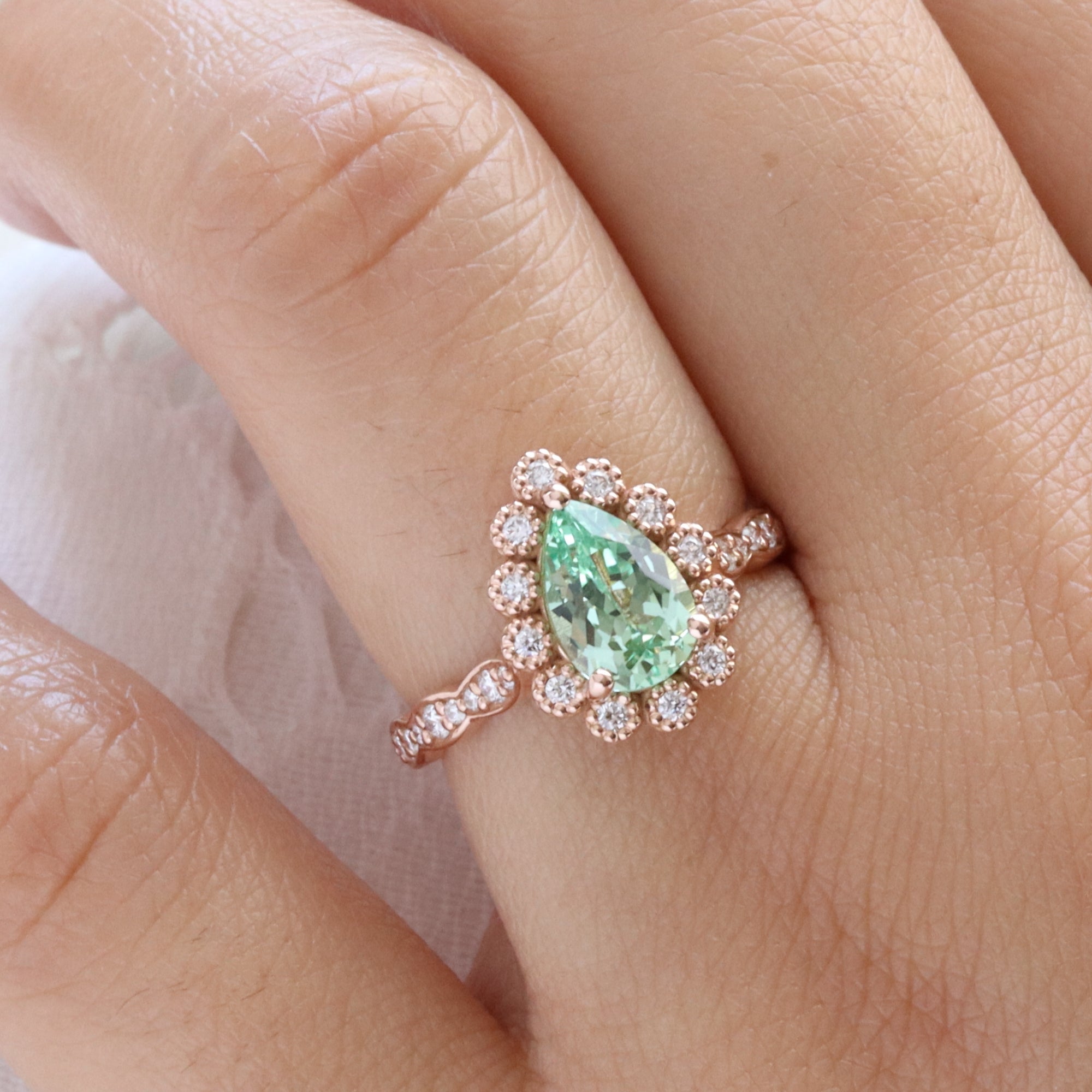 Pear seafoam green sapphire engagement ring rose gold vintage halo diamond sapphire ring la more design jewelry