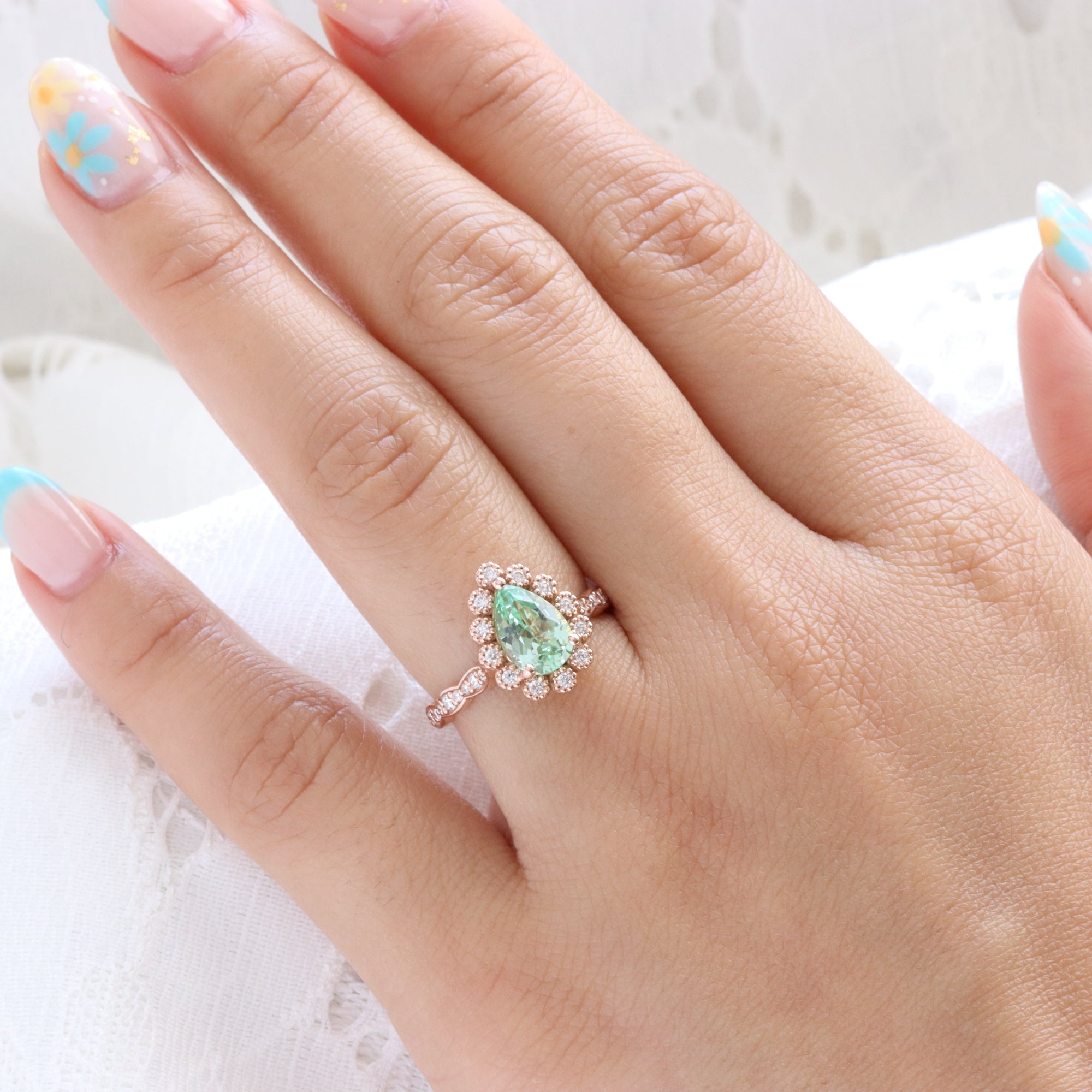 Pear seafoam green sapphire engagement ring rose gold vintage halo diamond sapphire ring la more design jewelry