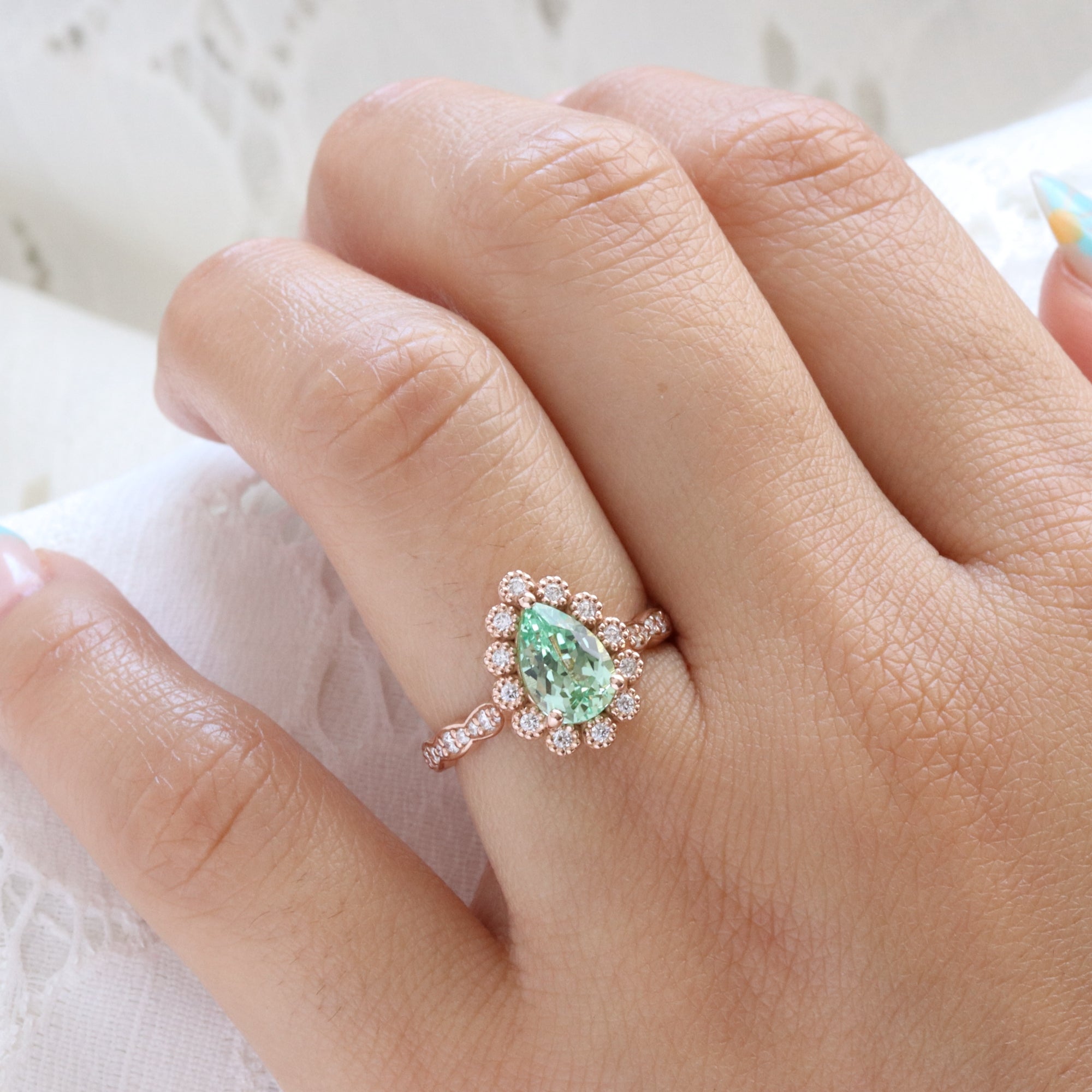 Pear seafoam green sapphire engagement ring rose gold vintage halo diamond sapphire ring la more design jewelry