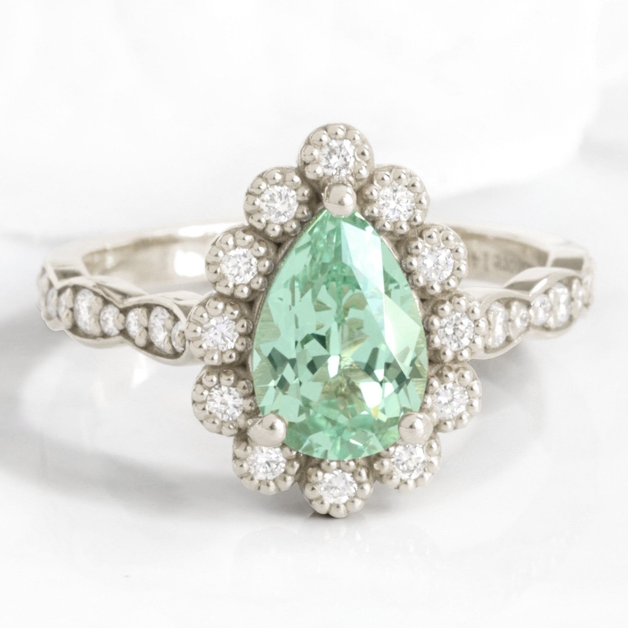 Pear seafoam green sapphire engagement ring white gold vintage halo diamond sapphire ring la more design jewelry