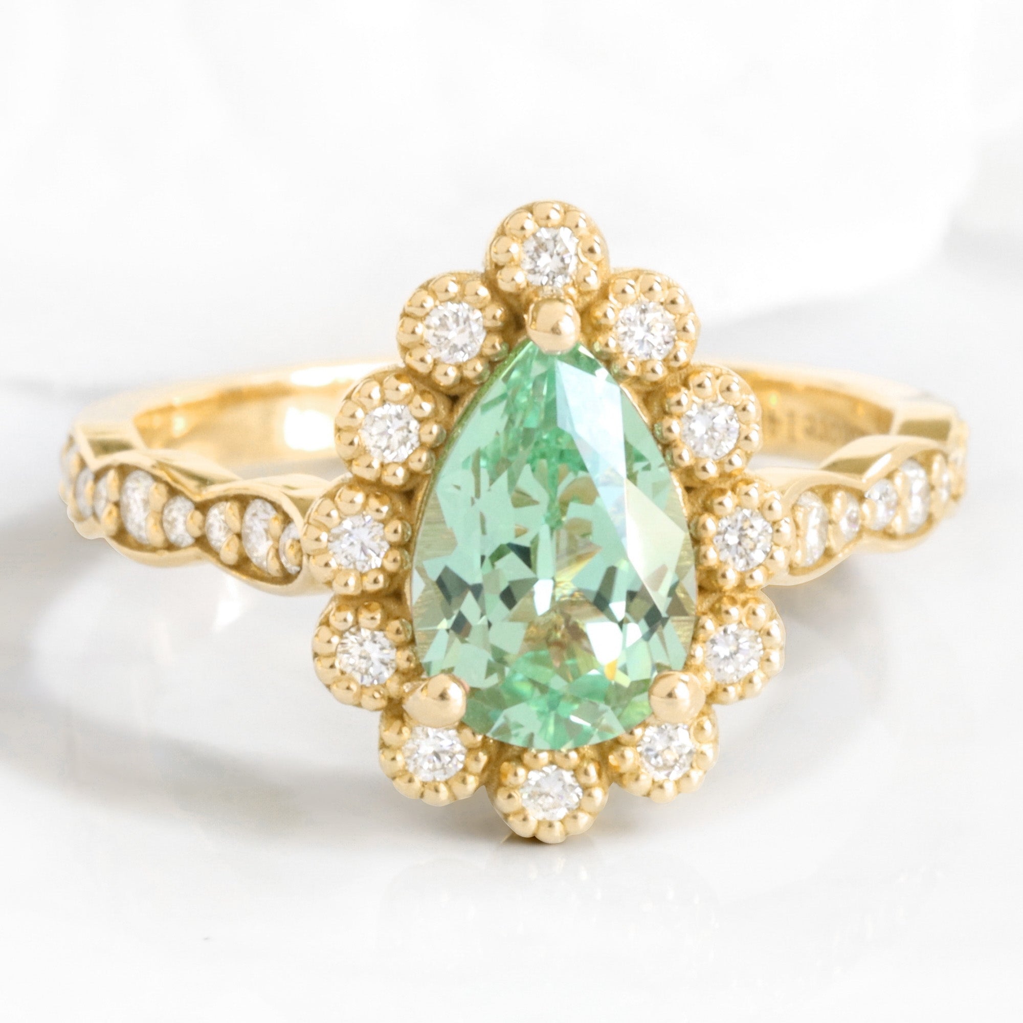 Pear seafoam green sapphire engagement ring yellow gold vintage halo diamond sapphire ring la more design jewelry