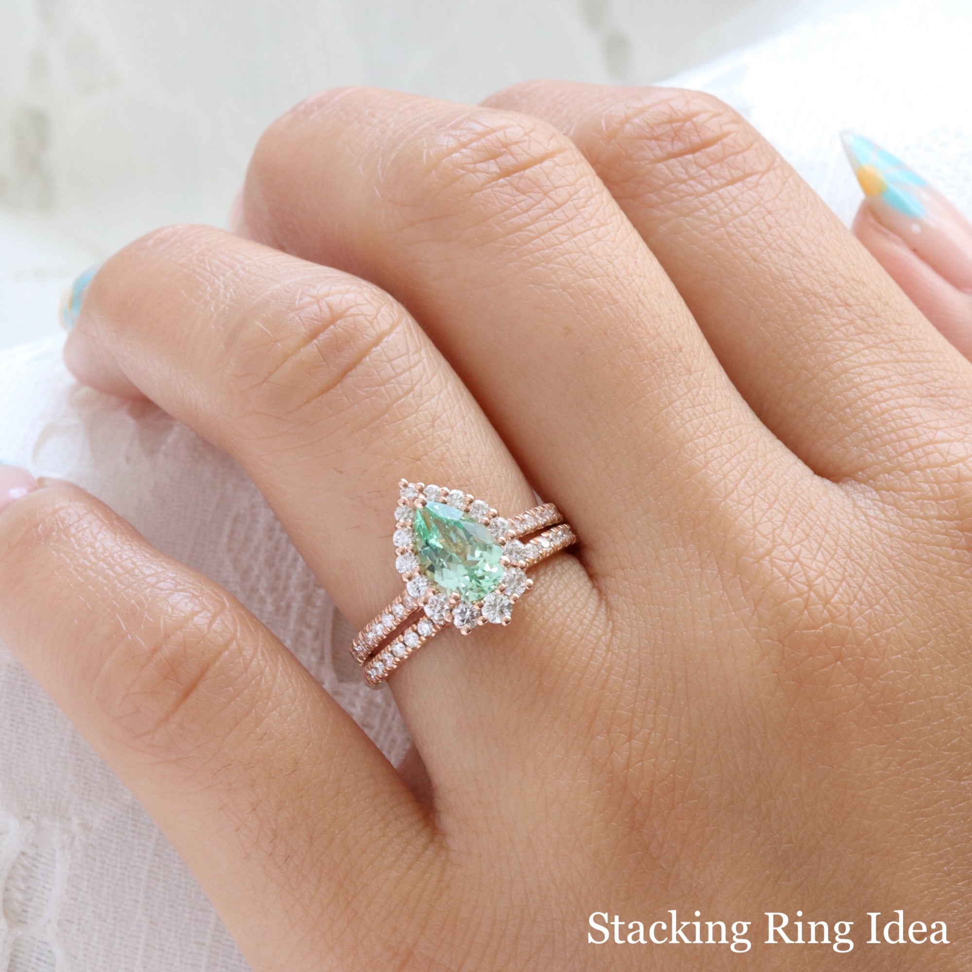 Pear seafoam green sapphire engagement ring rose gold halo diamond sapphire ring la more design jewelry