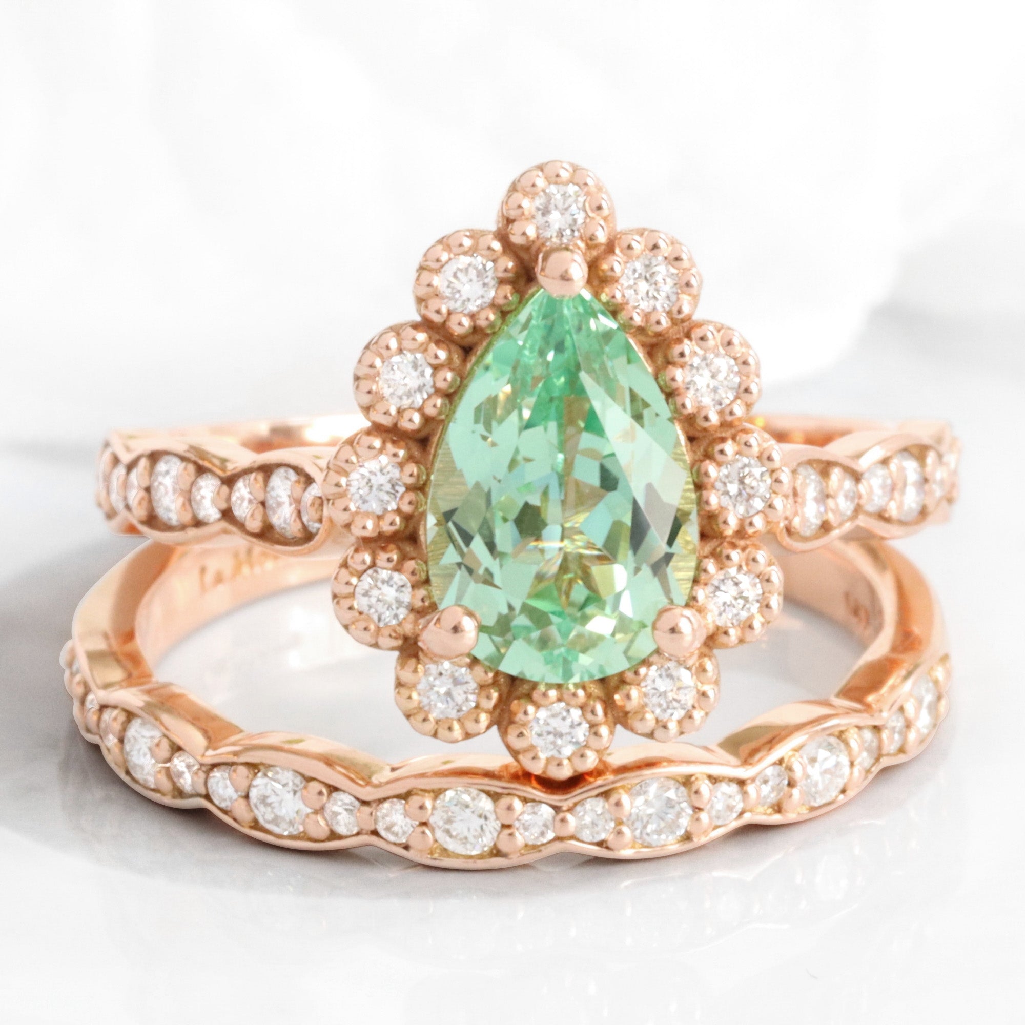 Vintage style pear green sapphire ring bridal set rose gold curved diamond wedding ring stack la more design jewelry