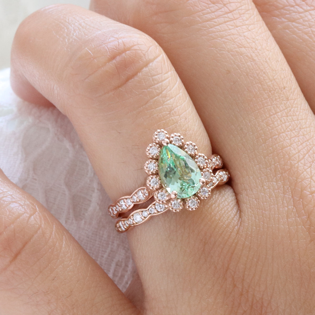 Pear seafoam green sapphire ring bridal set rose gold vintage halo diamond sapphire ring stack la more design jewelry