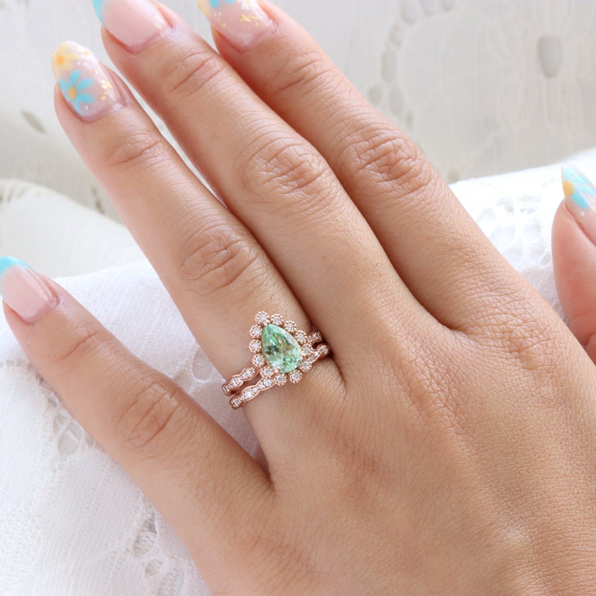 Pear seafoam green sapphire ring bridal set rose gold vintage halo diamond sapphire ring stack la more design jewelry