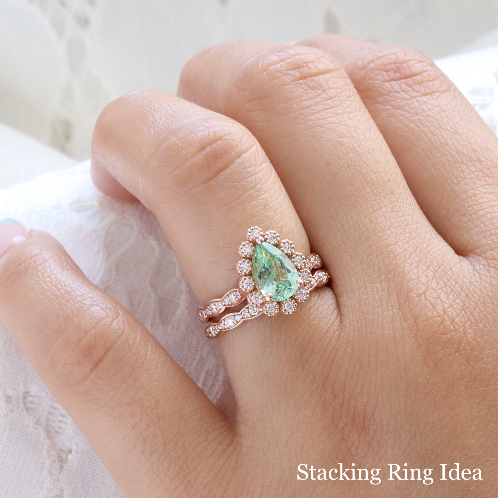 Pear seafoam green sapphire engagement ring rose gold vintage halo diamond sapphire ring la more design jewelry