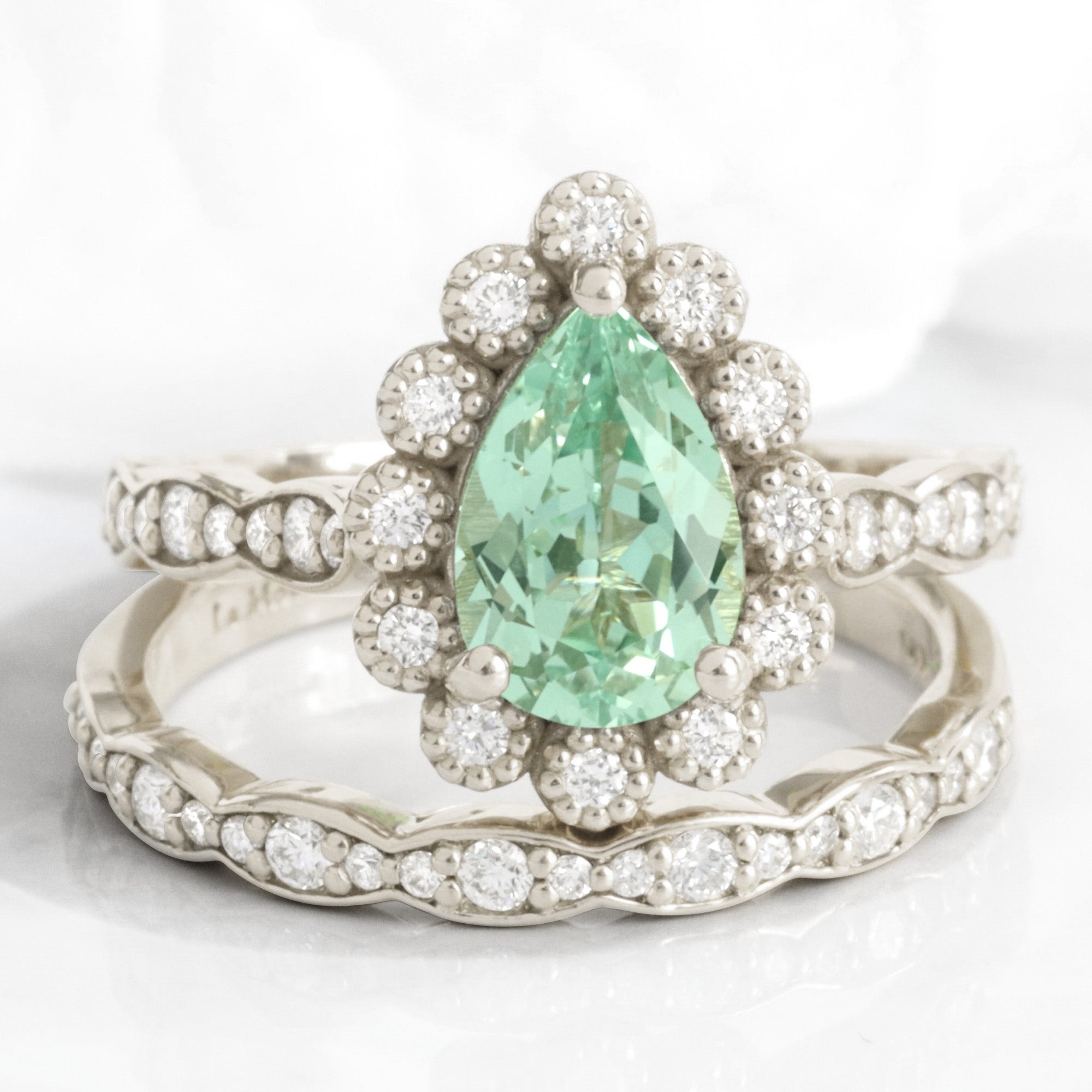 Pear seafoam green sapphire ring bridal set white gold vintage halo diamond sapphire ring stack la more design jewelry