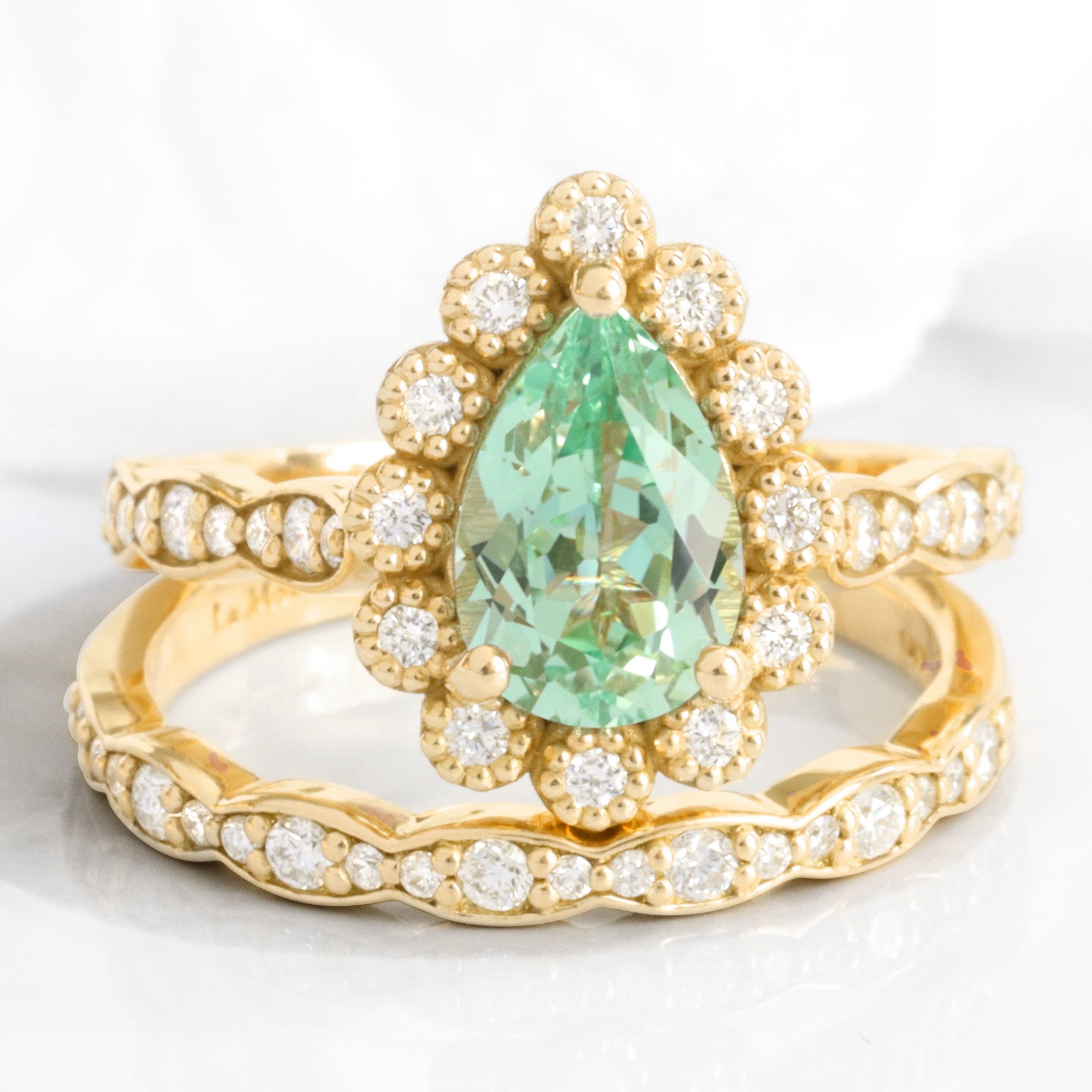 Pear seafoam green sapphire ring bridal set yellow gold vintage halo diamond sapphire ring stack la more design jewelry