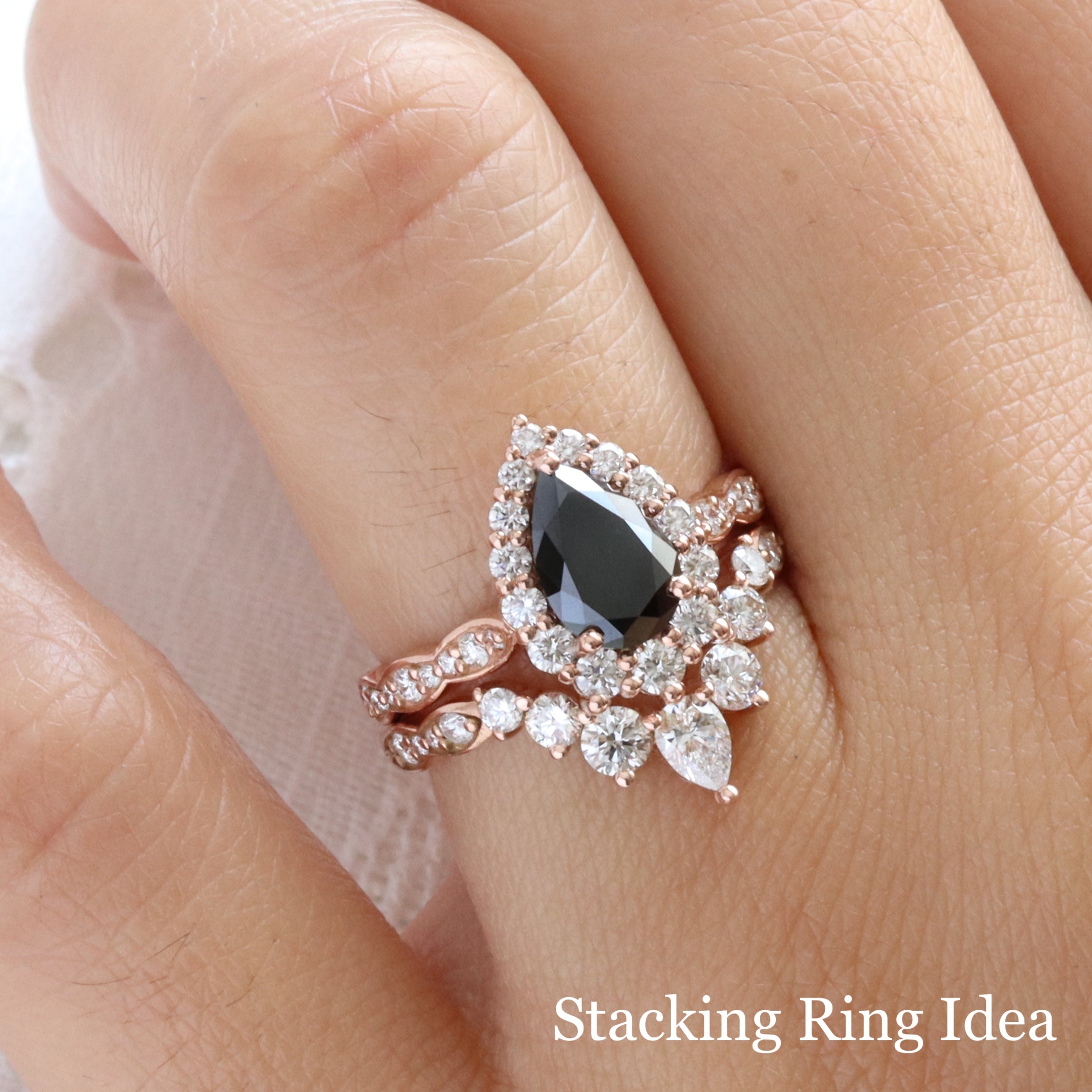 Pear shaped black diamond ring bridal set rose gold pear black diamond halo ring stack la more design jewelry