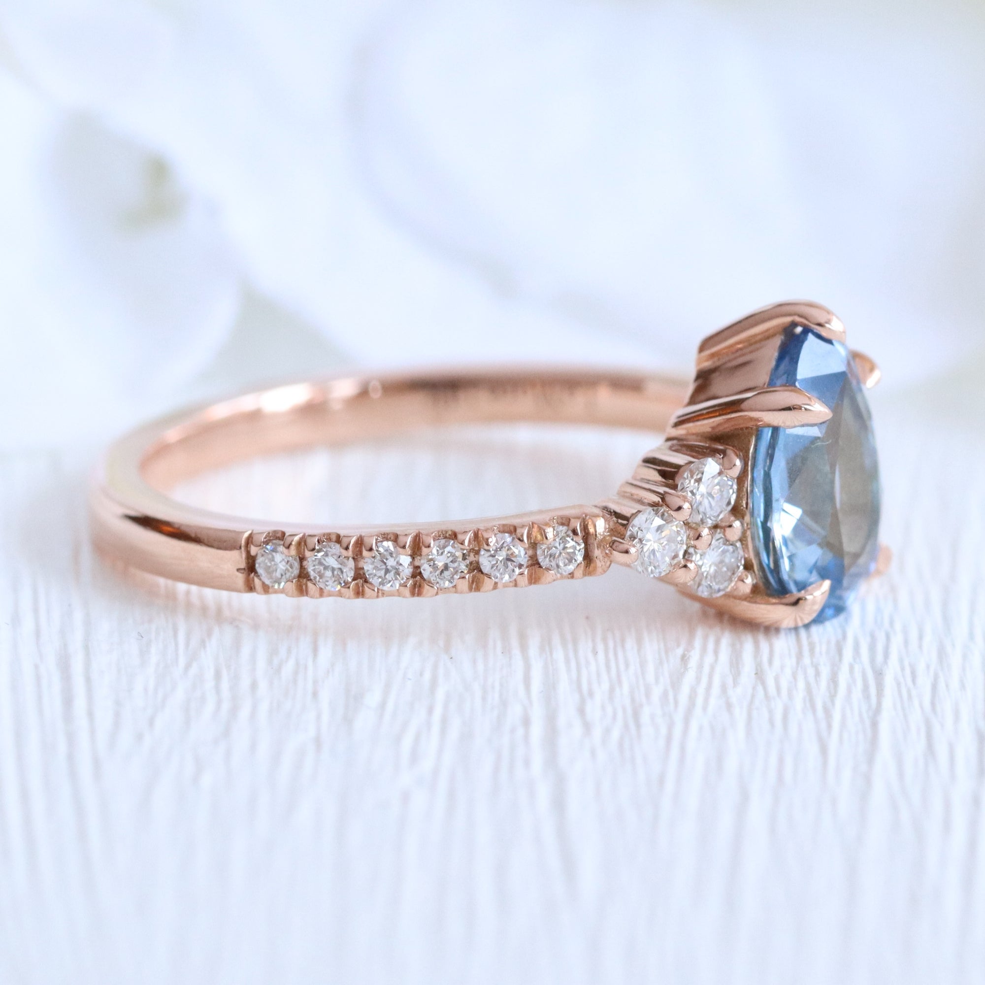 Pear teal blue sapphire ring rose gold 3 stone diamond ring la more design jewelry